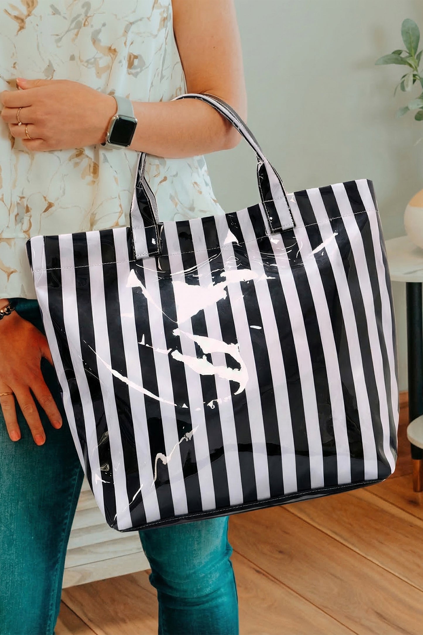 Blackish Green Glossy Striped Vinyl Large Tote Bag (Color Varied)