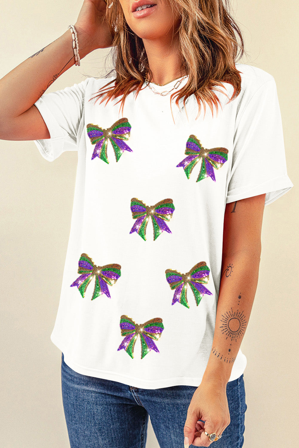 Black Sequin Mardi Gras Bow Graphic Crewneck Tee