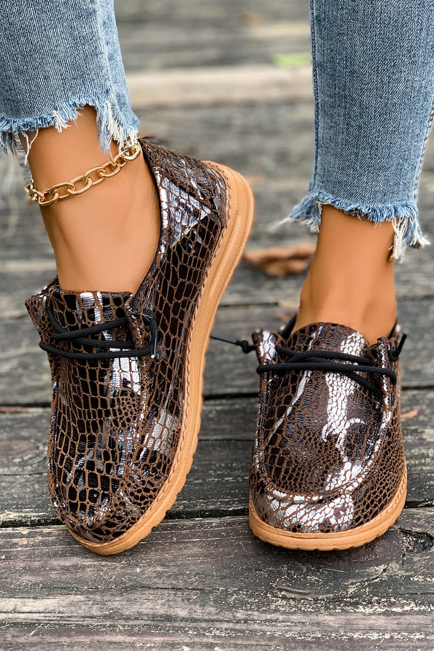 Mustard Ethnic Artistic Print Lace-up Detail Comfort Loafer Shoes