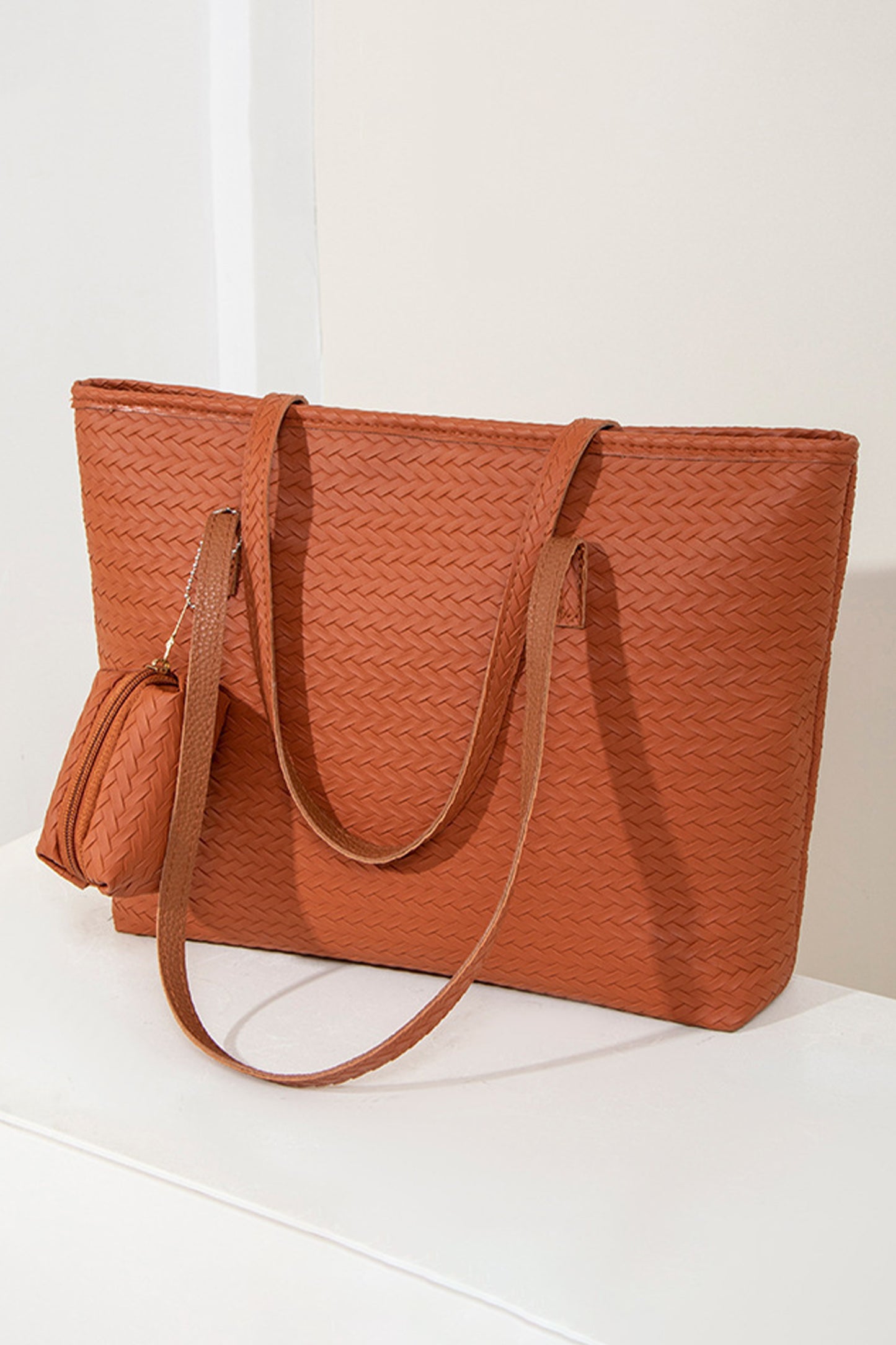 Cinnamon Leatherette Woven Tote Bag with Detachable Pouch
