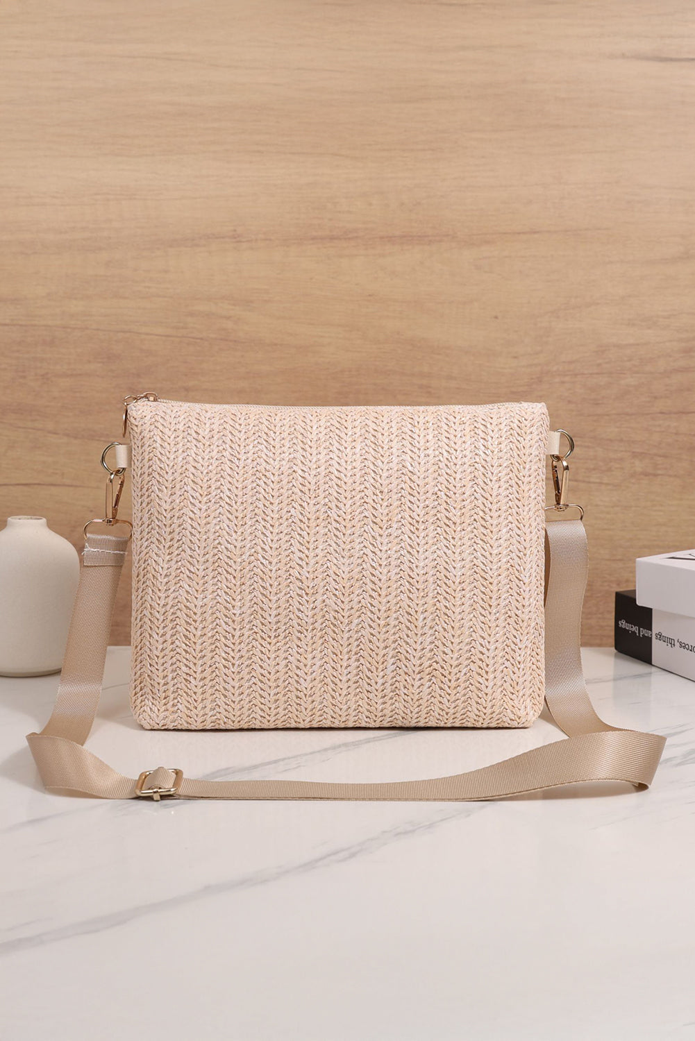 Thai Curry Leather Pocket Patchwork Straw Woven Shoulder Bag