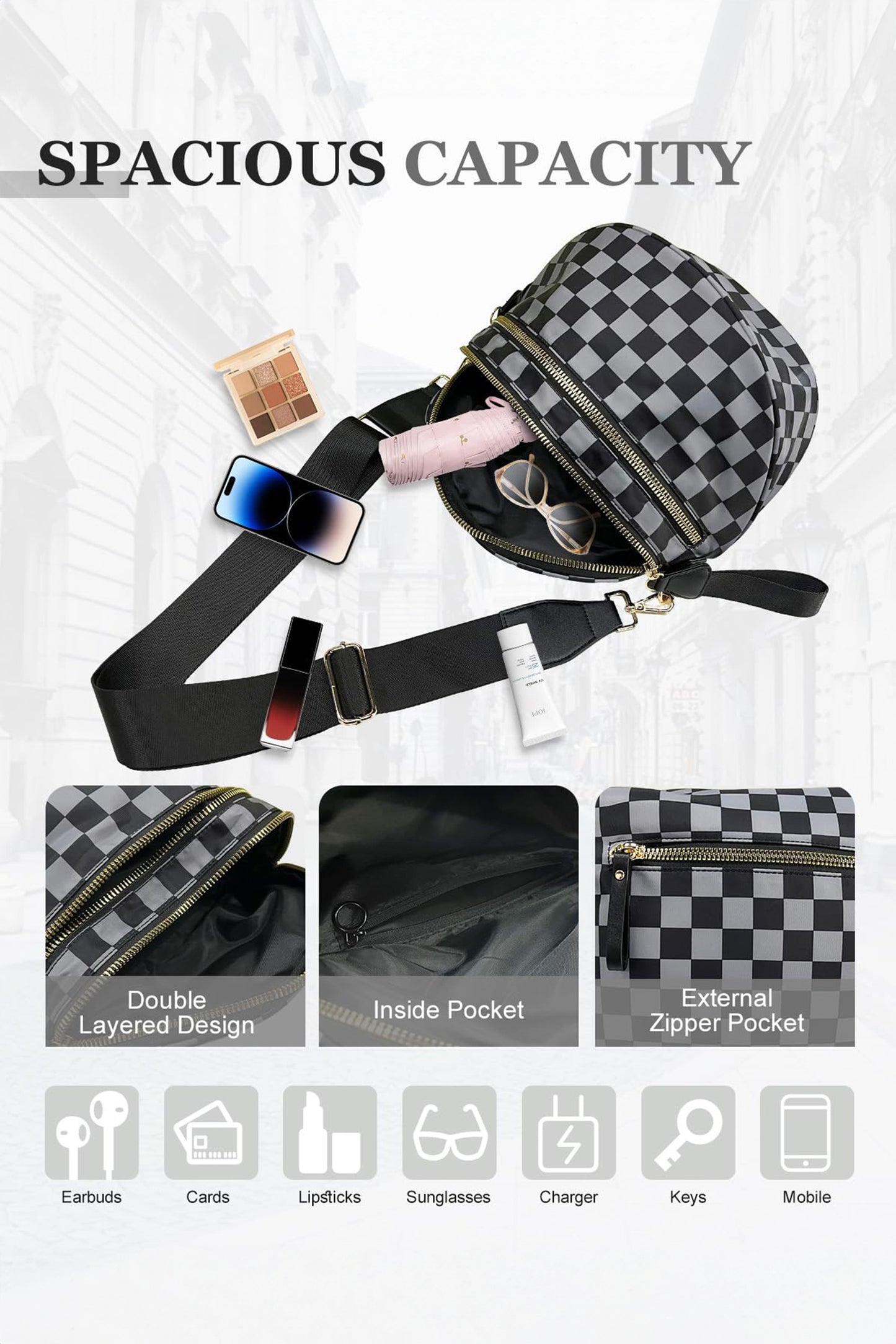 Bright Pink Checkered Print Wide Strap Large Crossbody Bag