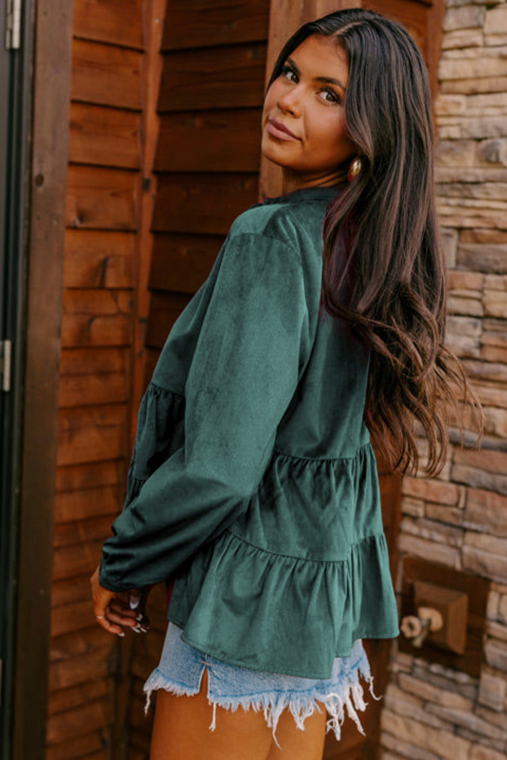 Burgundy Corduroy Ruffle Tiered Buttoned O Neck Shirt