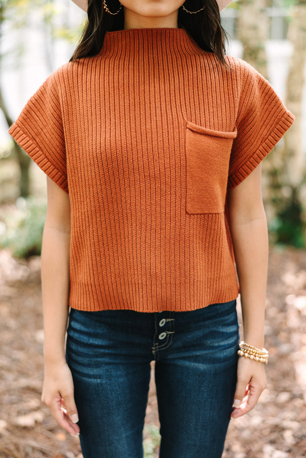 Rose Red Patch Pocket Ribbed Knit Short Sleeve Sweater