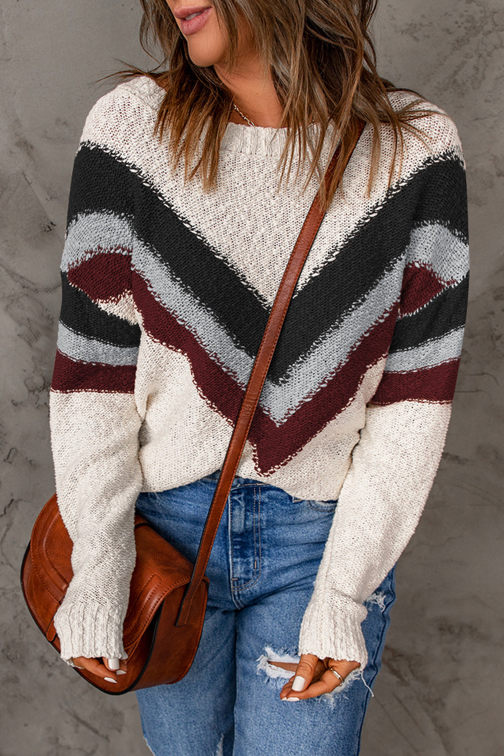 Beige Chevron Striped Drop Shoulder Sweater