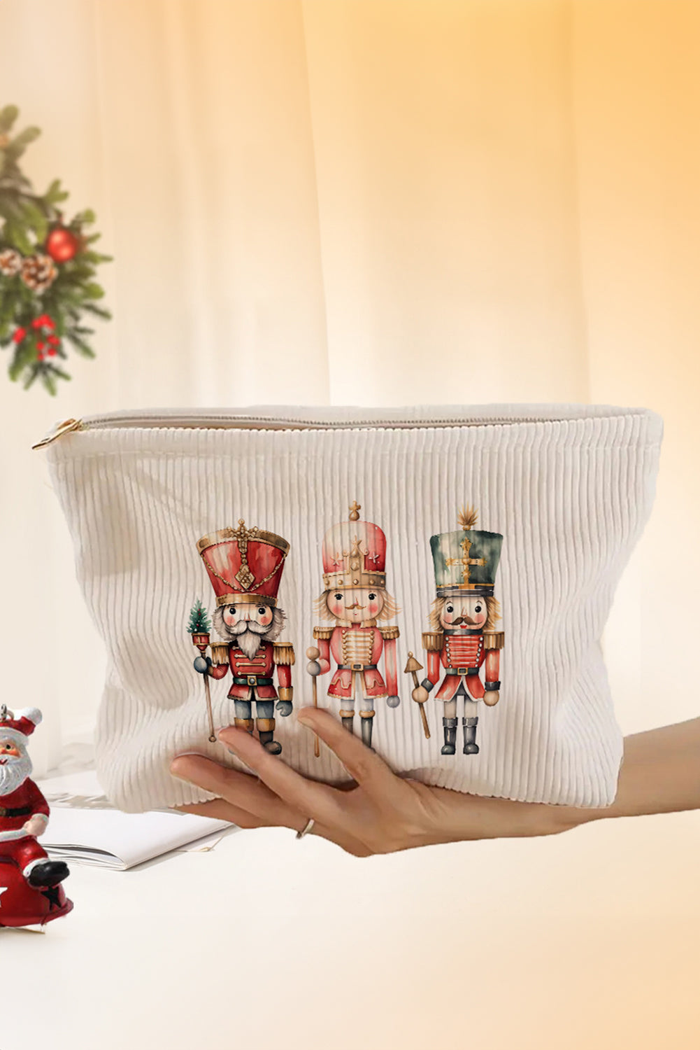 Fiery Red Christmas Fashion Print Corduroy Zip Up Cosmetic Bag