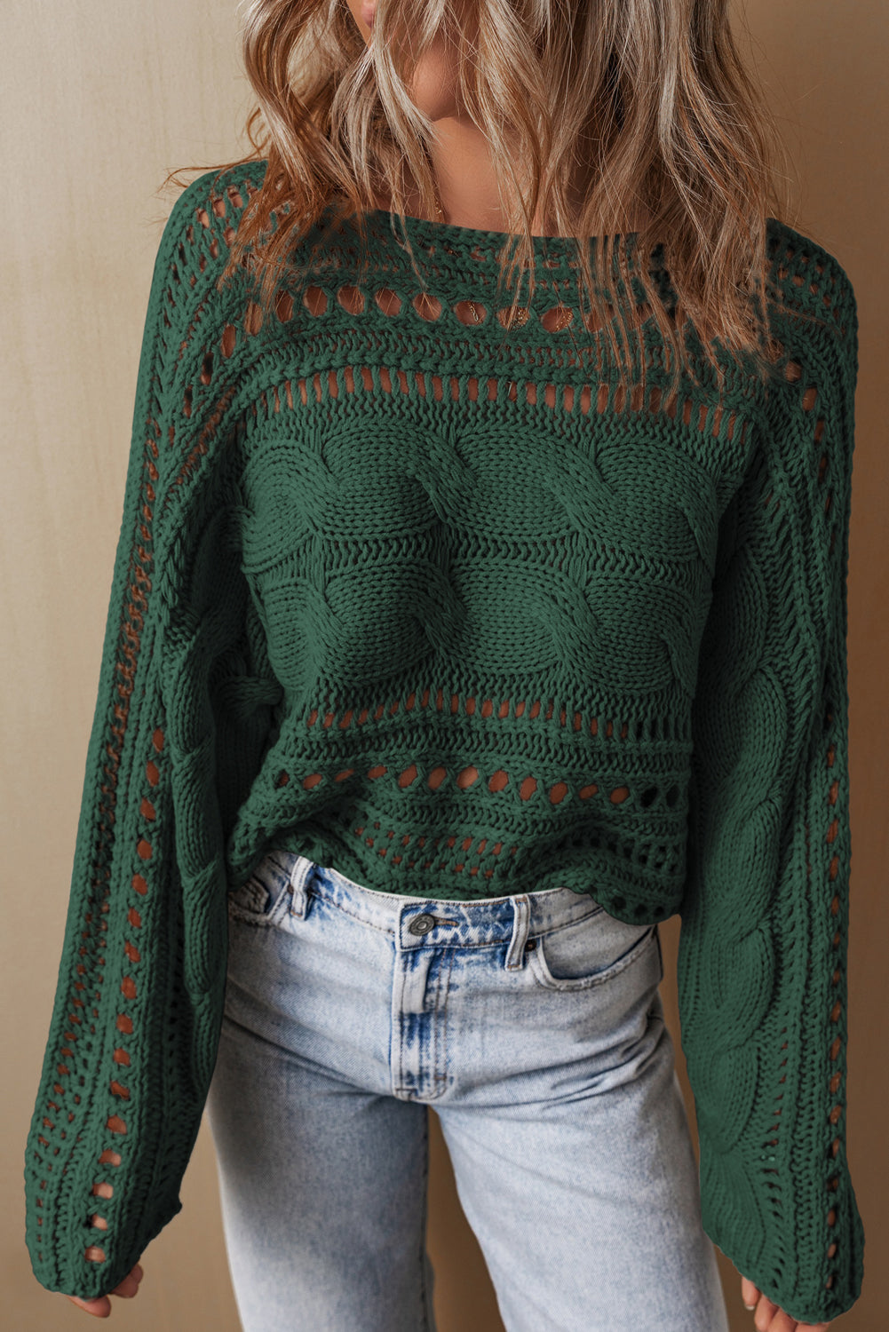 Smoke Gray Hollow-out Cable Knit Cropped Sweater