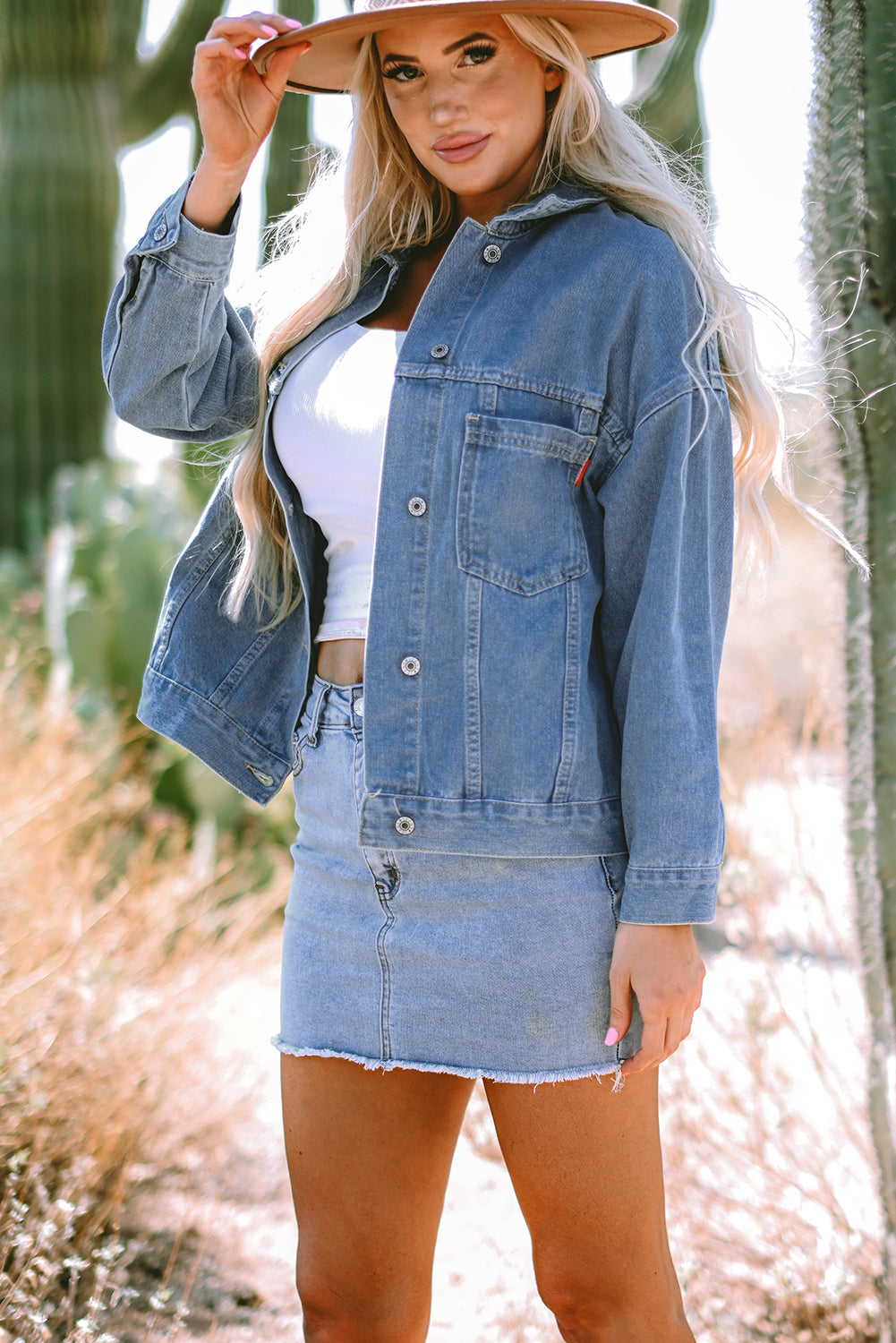 Light Blue Washed Oversize Pocketed Denim Jacket