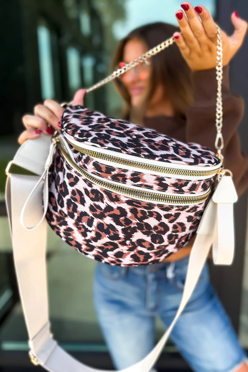 Pink Christmas Theme Double Zip PU Leather Crossbody Bag