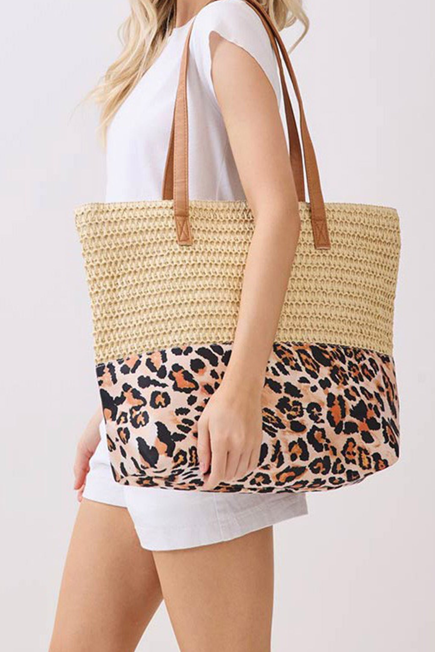 Thai Curry Straw Woven Leopard Patchwork Large Tote Bag