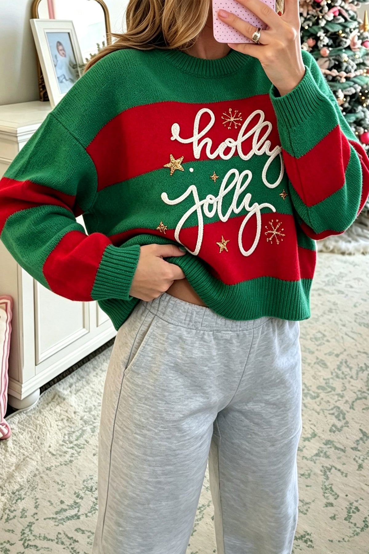 Green Stripe Festive Holly Jolly Sequin Christmas Holiday Sweater