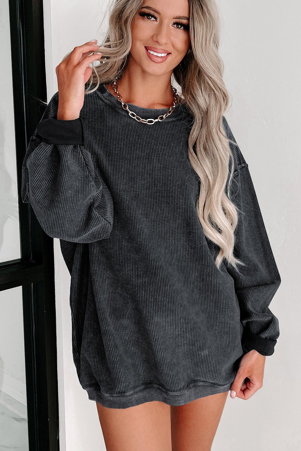 Khaki Solid Ribbed Knit Round Neck Pullover Sweatshirt