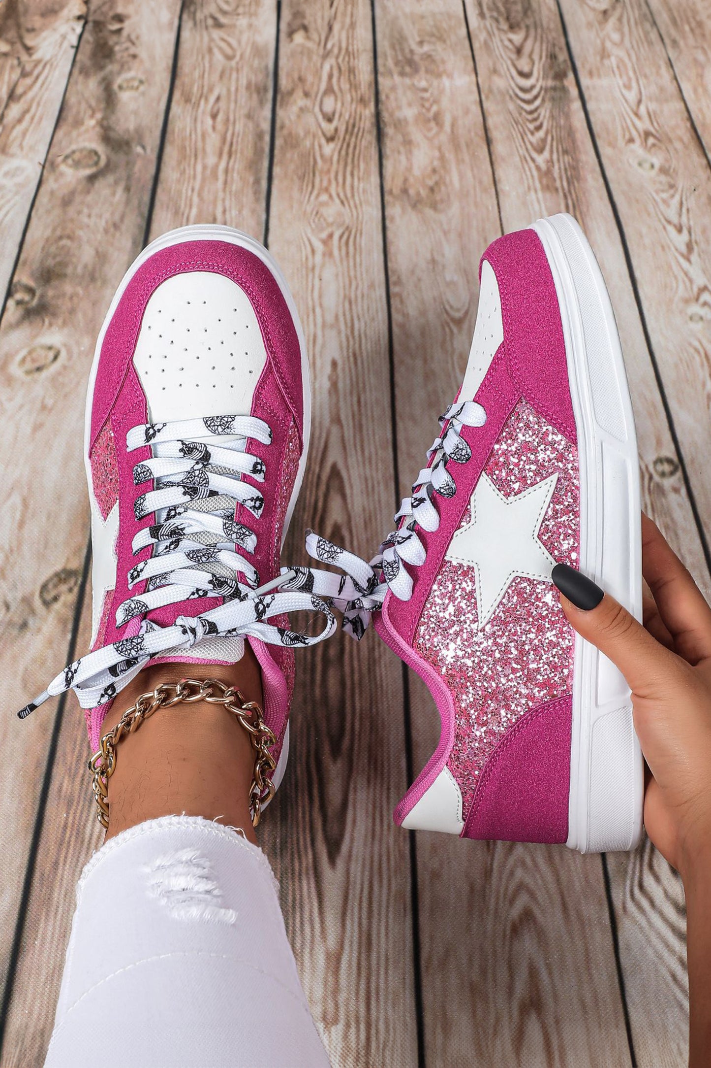 Rose Red Stylish Color Block Glitter Star Patchwork Lace-up Flat Shoes