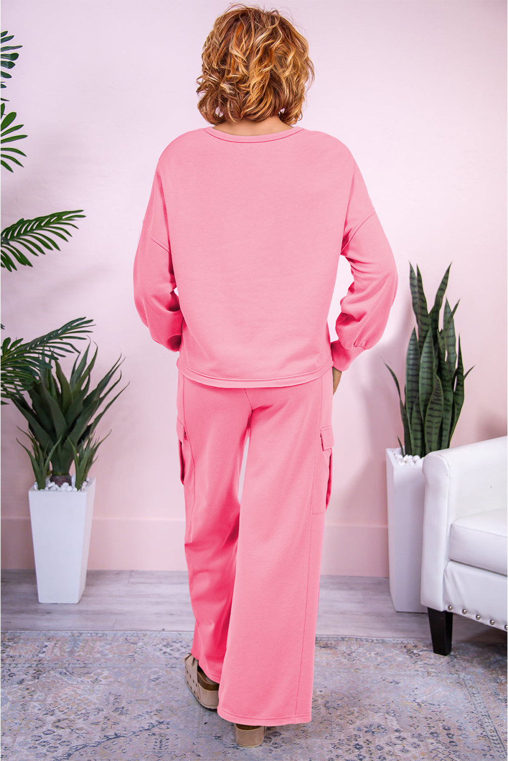 Sachet Pink Solid Color Patchwork Pullover Top and Cargo Pants Set