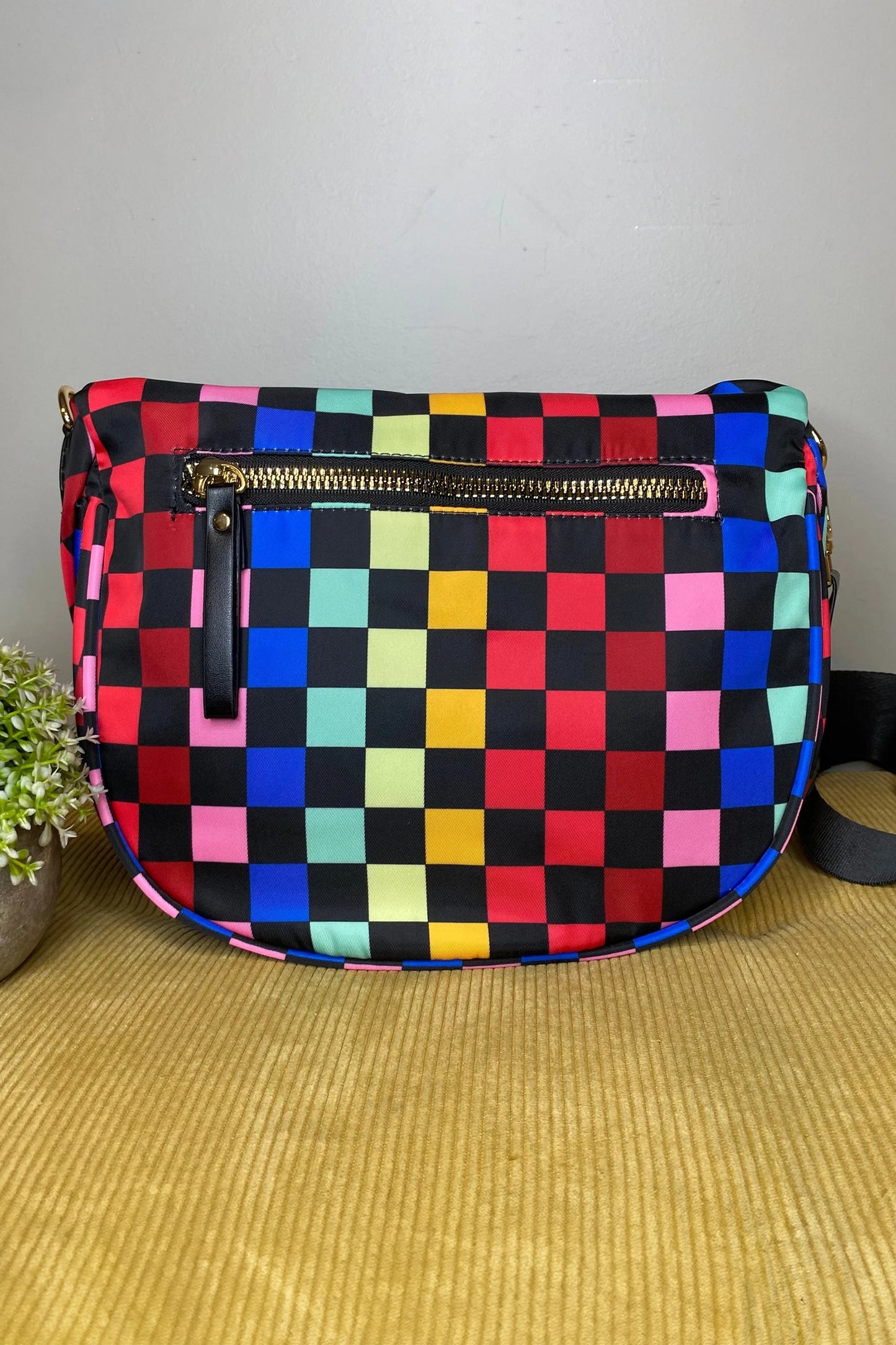 White Pretty Checkerboard Canvas Double Zip Crossbody Bag