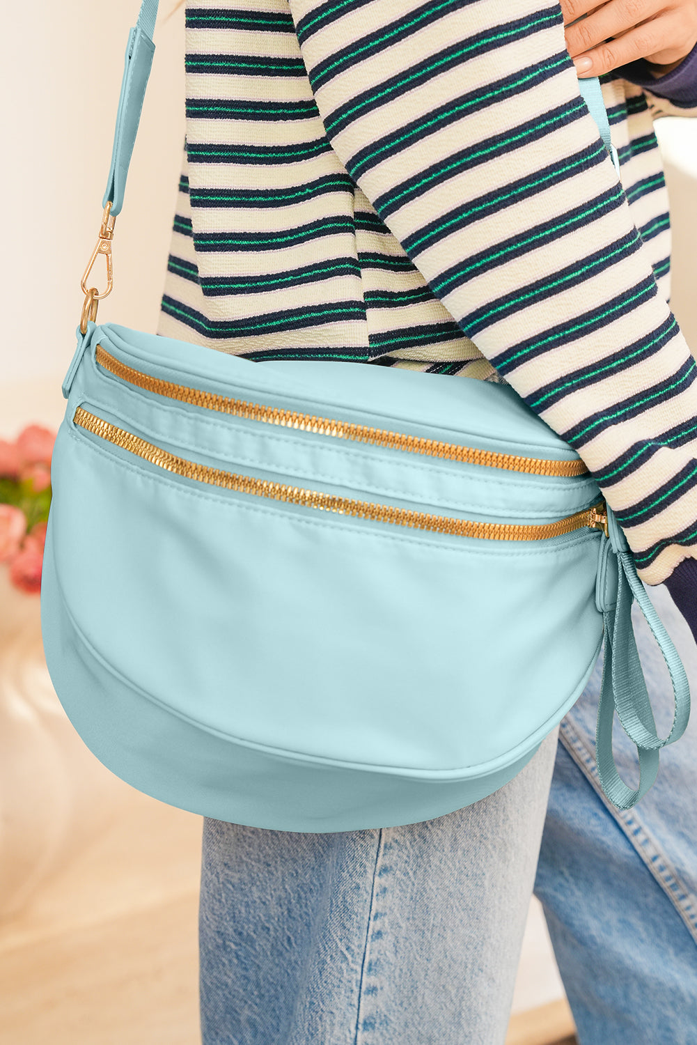 Color black Double Zip Crescent Shape Adjustable Sling Bag