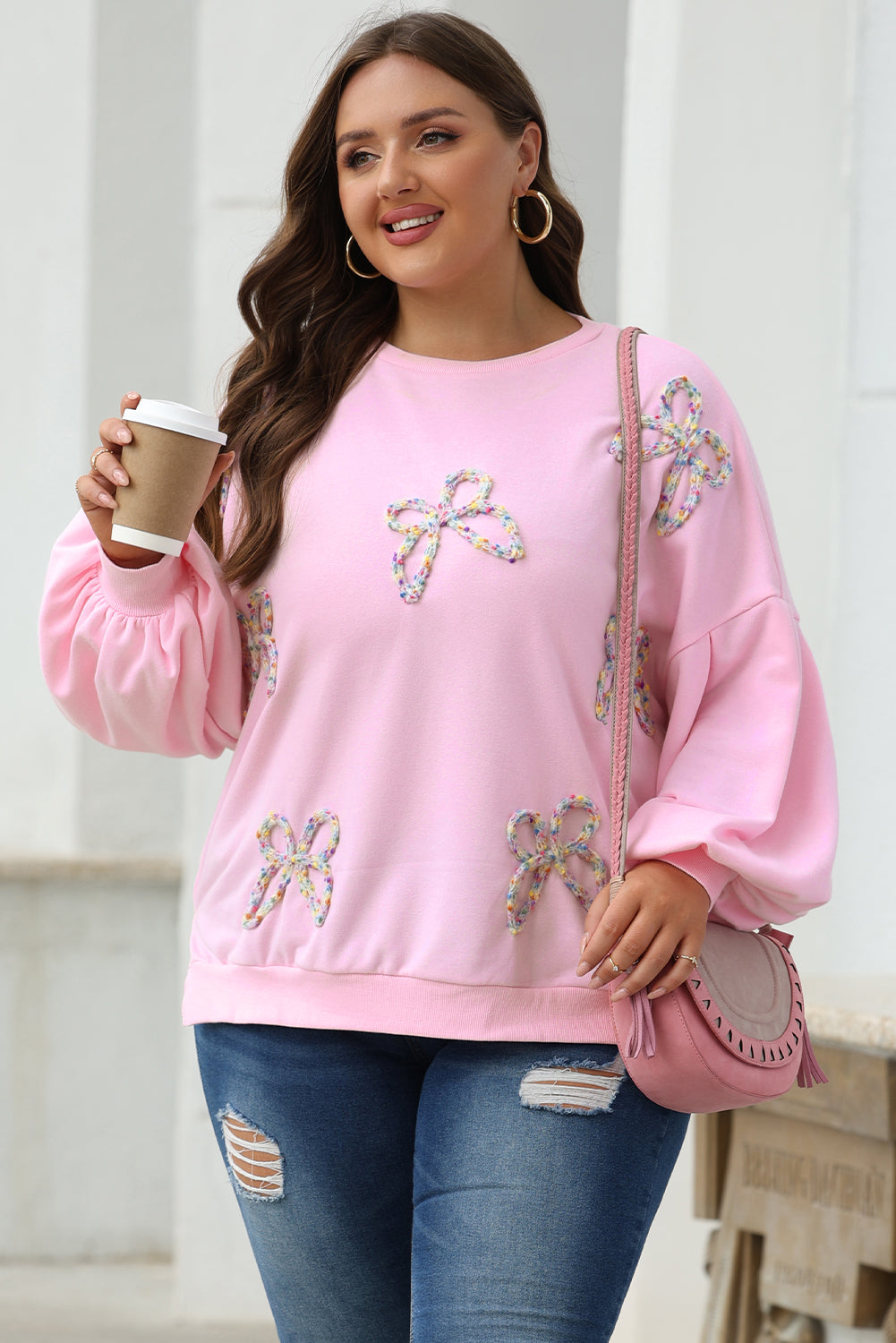 Parchment Embroidered Bow Lantern Sleeve Oversized Pullover Sweatshirt