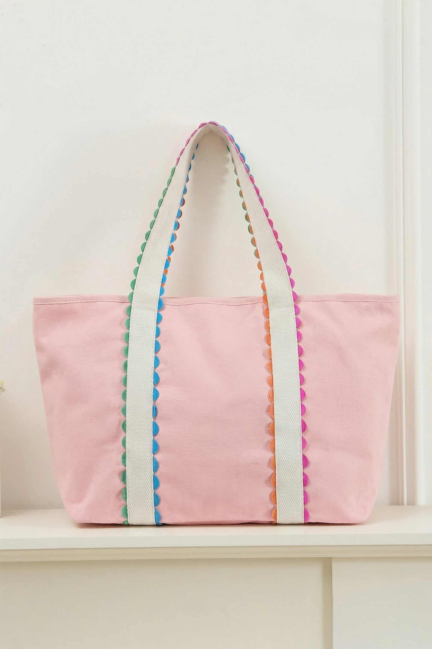 White Colorful Ricrac Detail Canvas Tote Bag