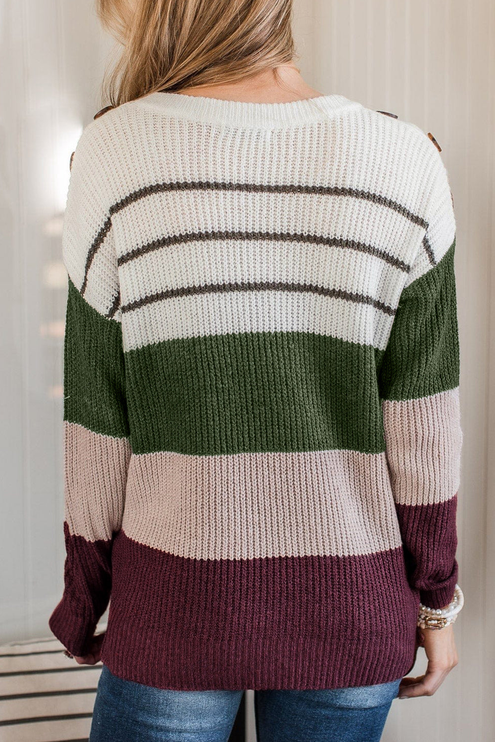 Green Color Block Striped Buttoned Shoulder Split Sweater