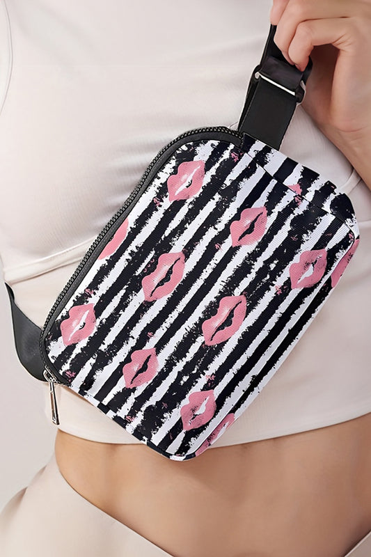 Color black Vintage Dyed Stripes Kiss Lips Printed Crossbody Bag