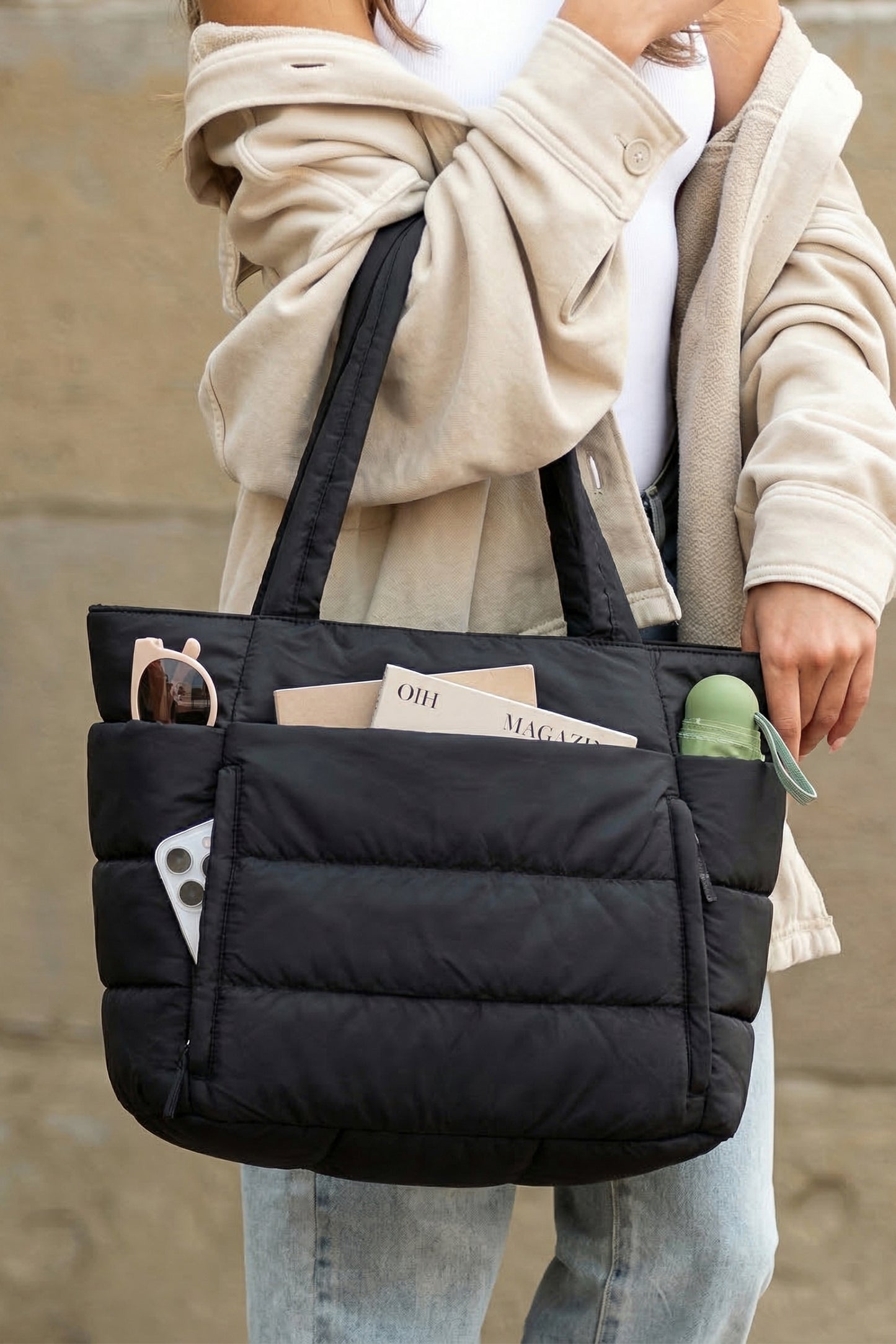 White Solid Color Puffy Quilted Large Tote Bag