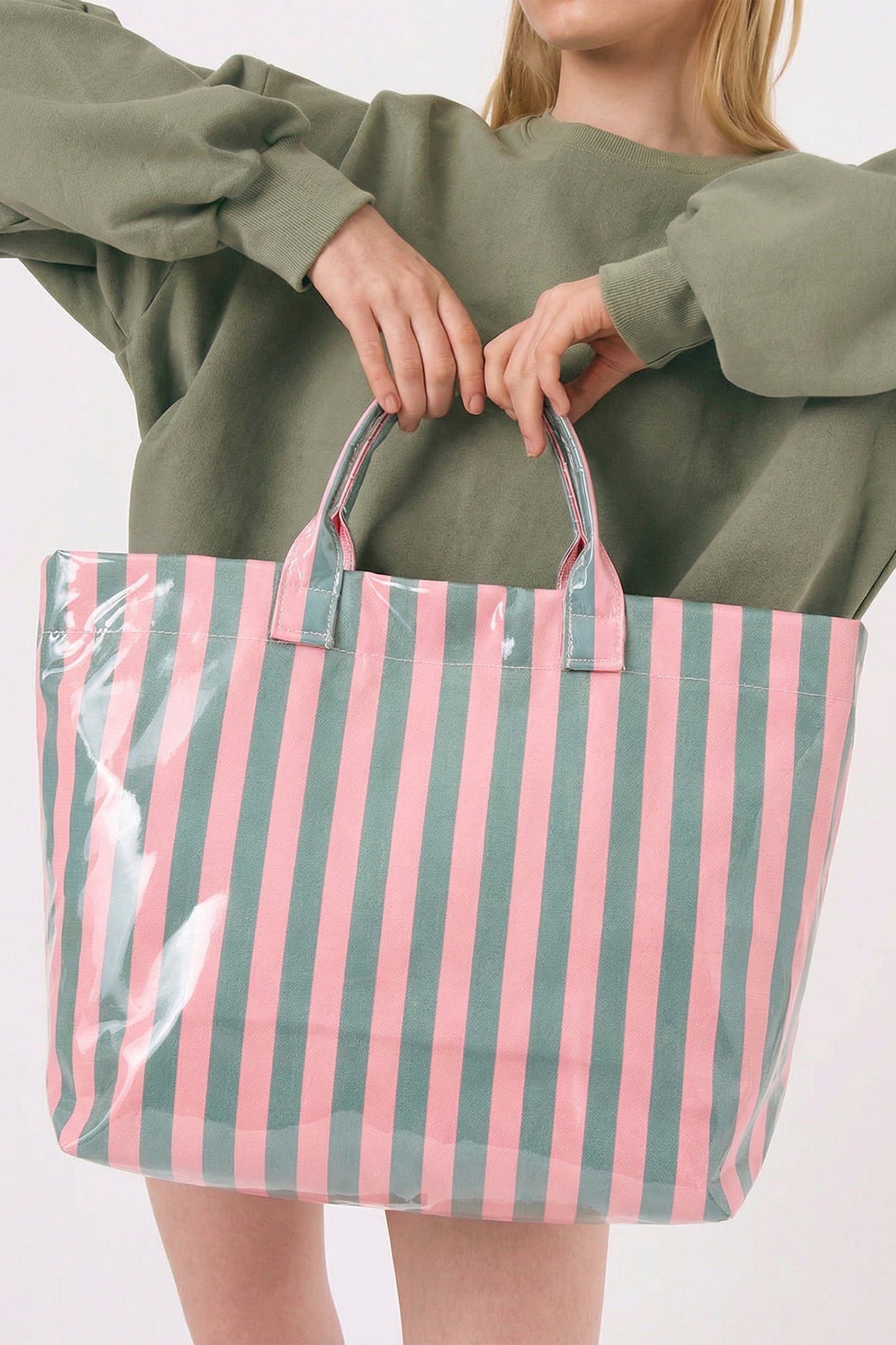 Blackish Green Glossy Striped Vinyl Large Tote Bag (Color Varied)