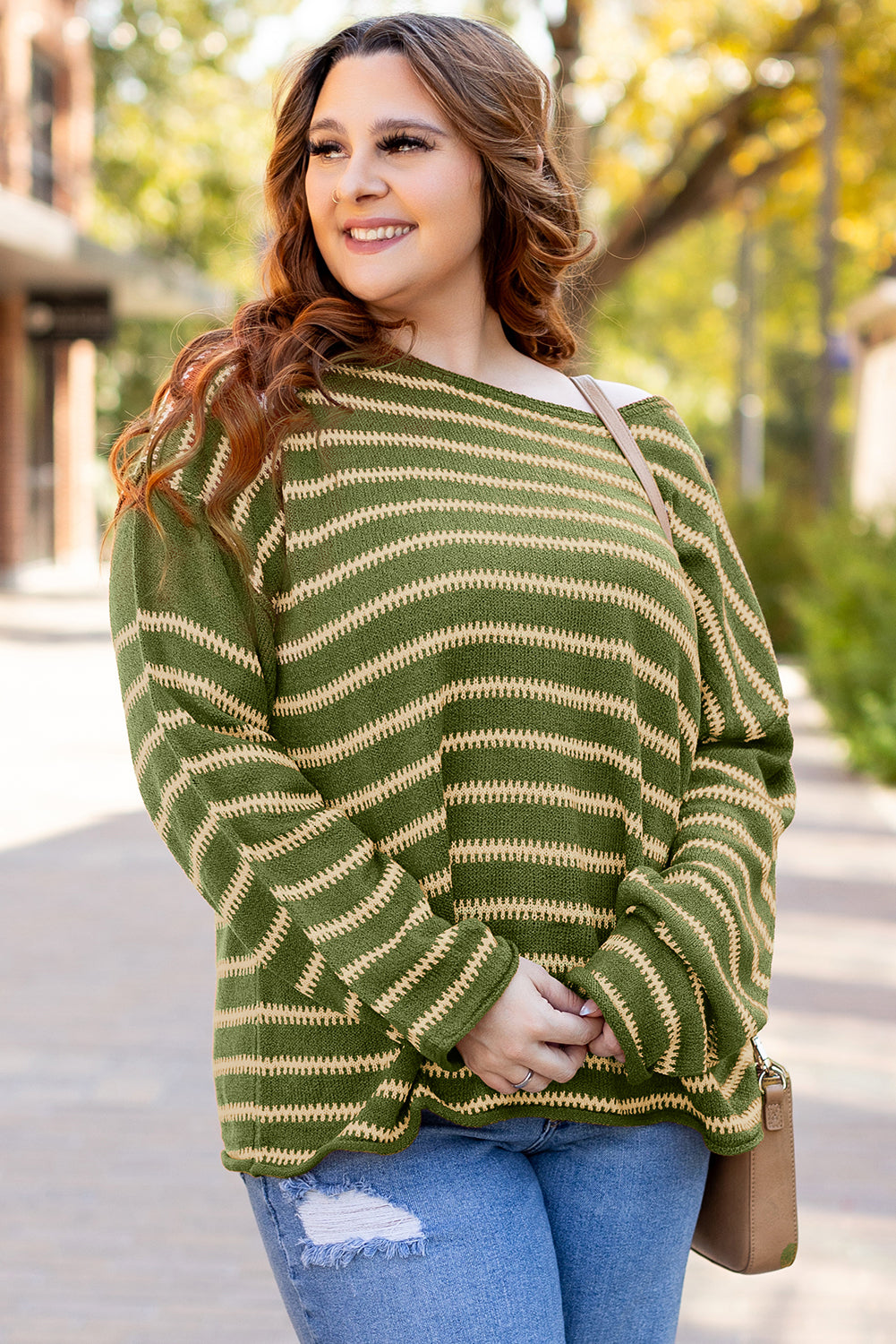 Brown Stripe Drop Shoulder Casual Sweater