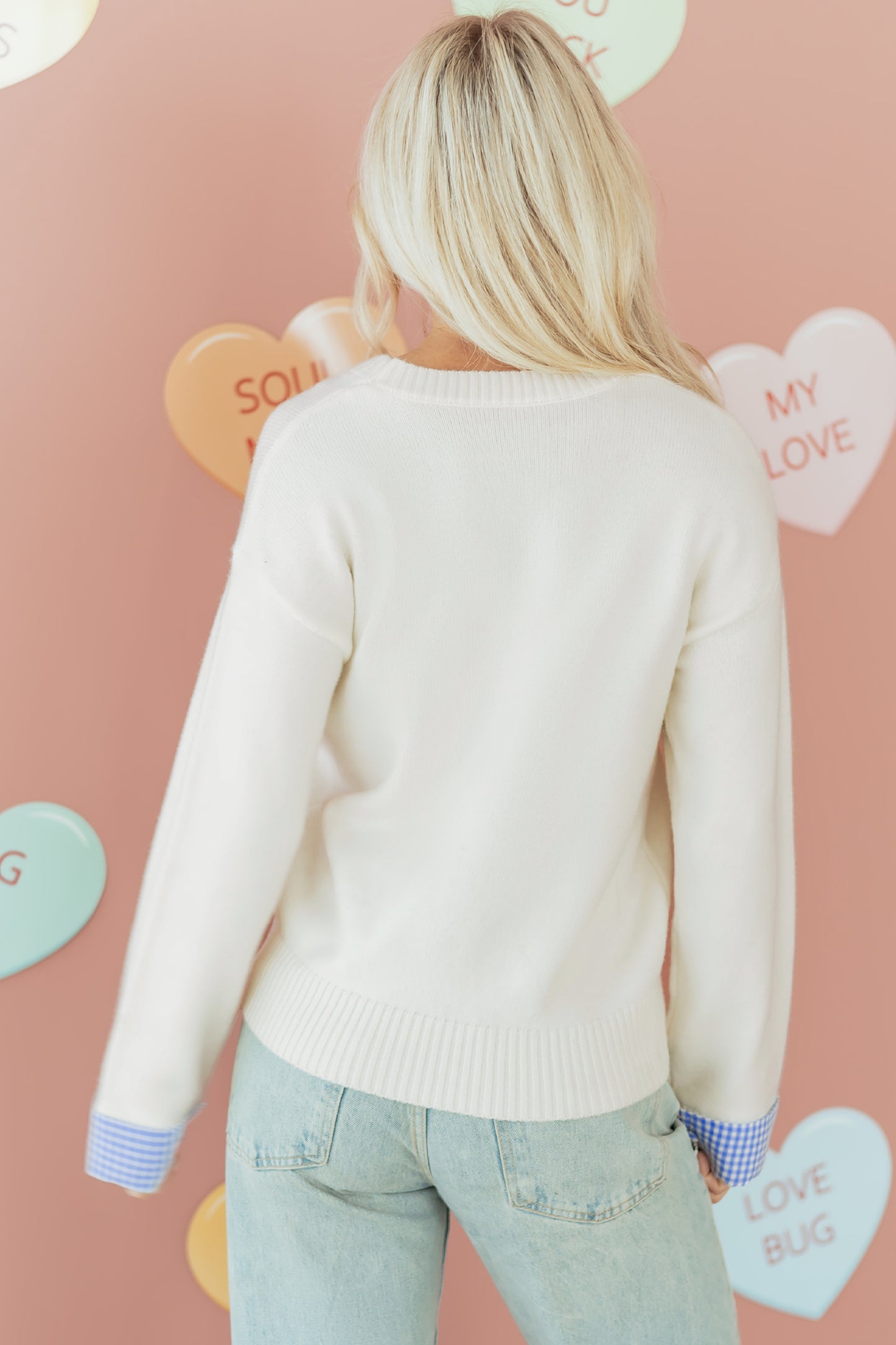 Light Pink Plaid Heart Embroidered Cuffed Drop Shoulder Crew Neck Sweater