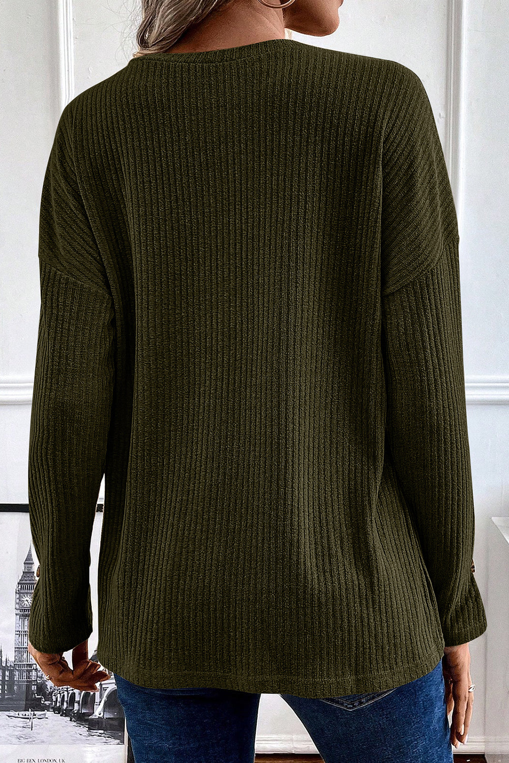 Pale Khaki Rib Textured Henley Knit Top