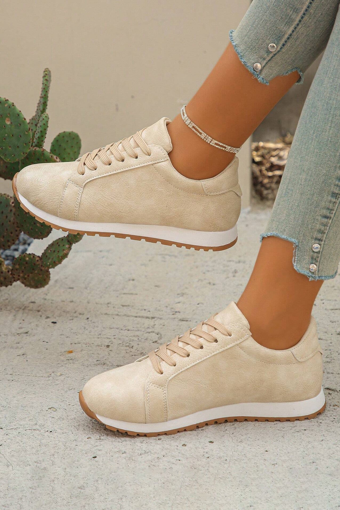 Beige Solid Color Faux Suede Lace-up Sneakers