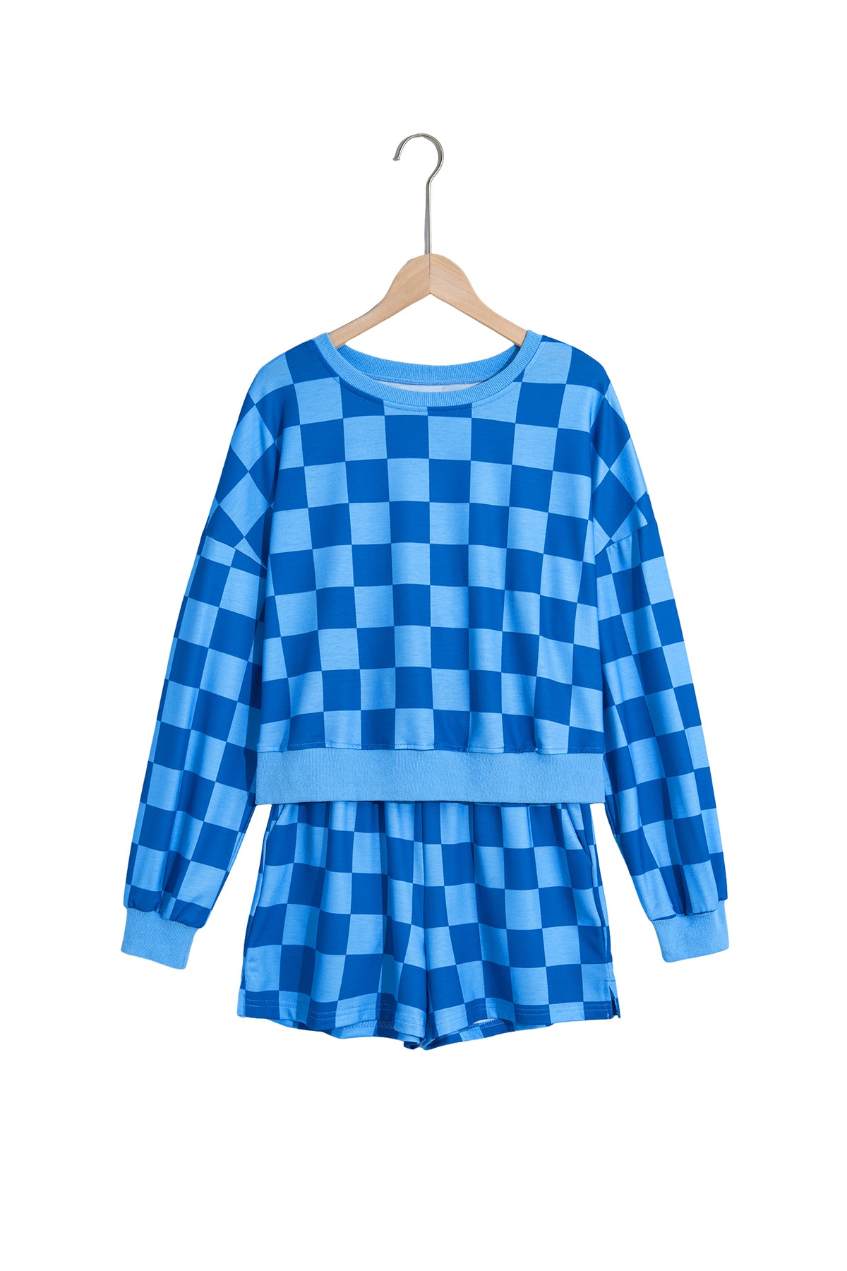 Pink Plaid Checkered Long Sleeve Crop Top Elastic Waist Shorts Two Piece Set