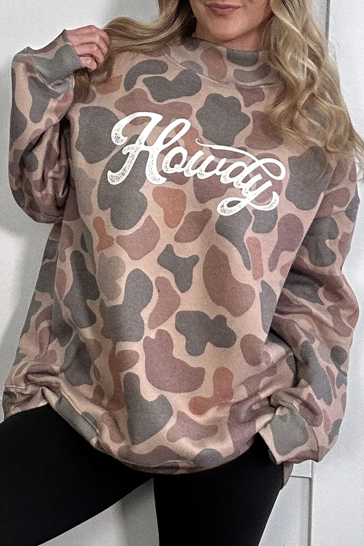 Sky Blue Camo Print Howdy Western Style Baggy Pullover Sweatshirt