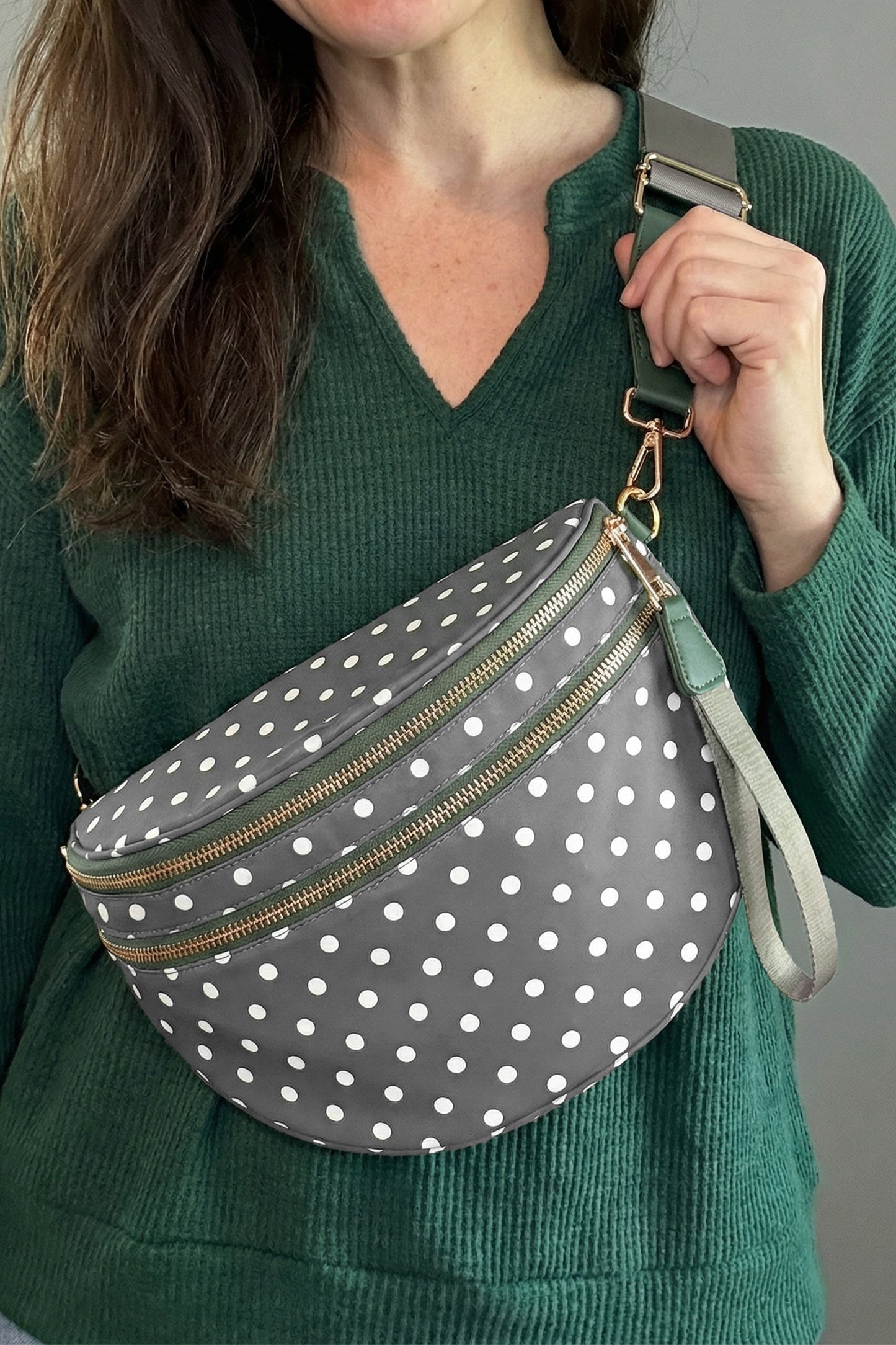 Blackish Green Retro Polka Dot Print Double Zip Crossbody Bag
