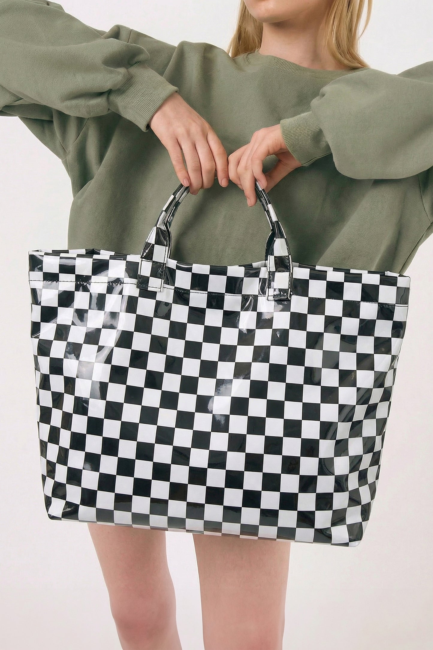 Fiery Red Plaid Pattern PVC Glossy Waterproof Tote Bag