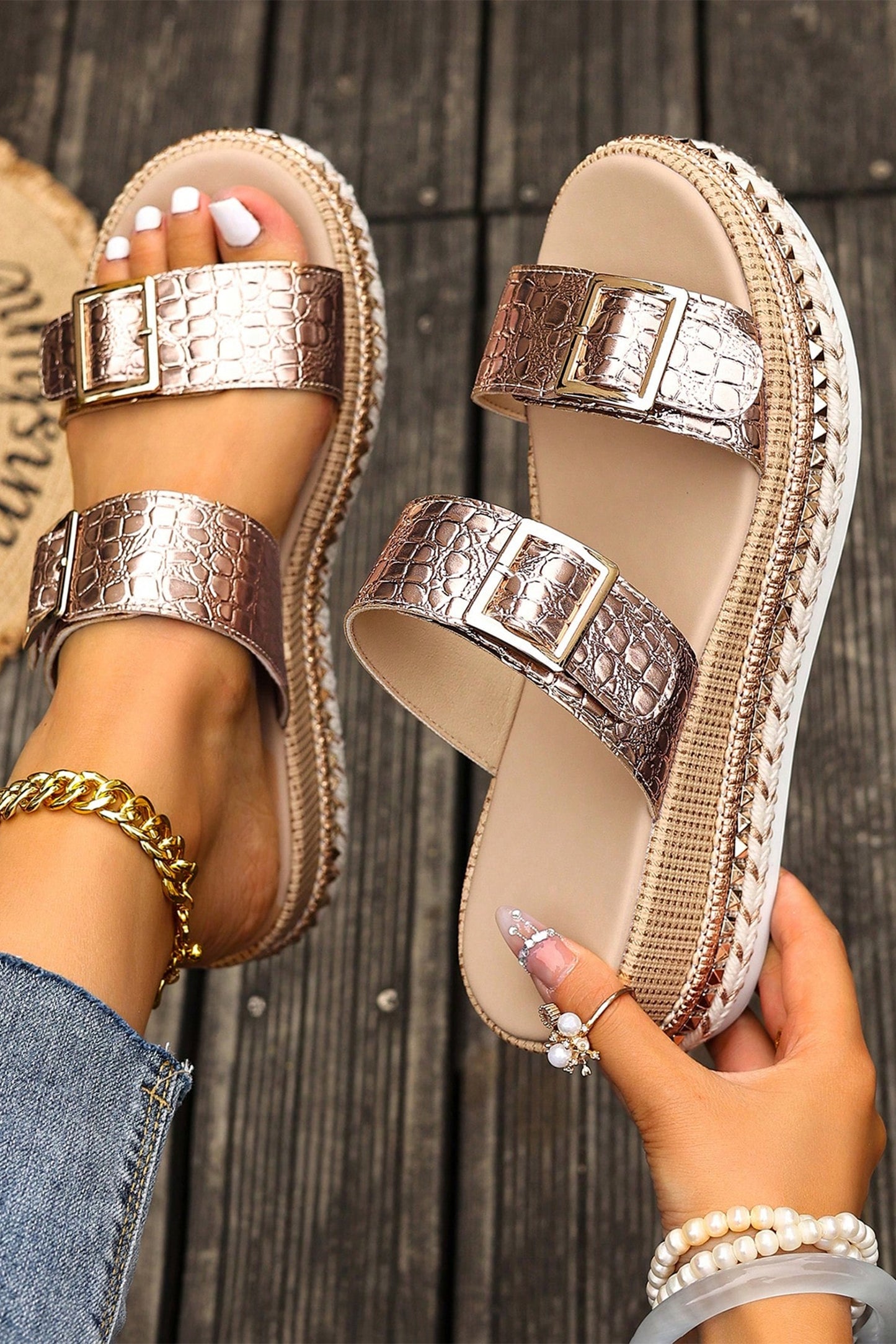 White Metallic Textured PU Leather Buckle Wedge Platform Slippers