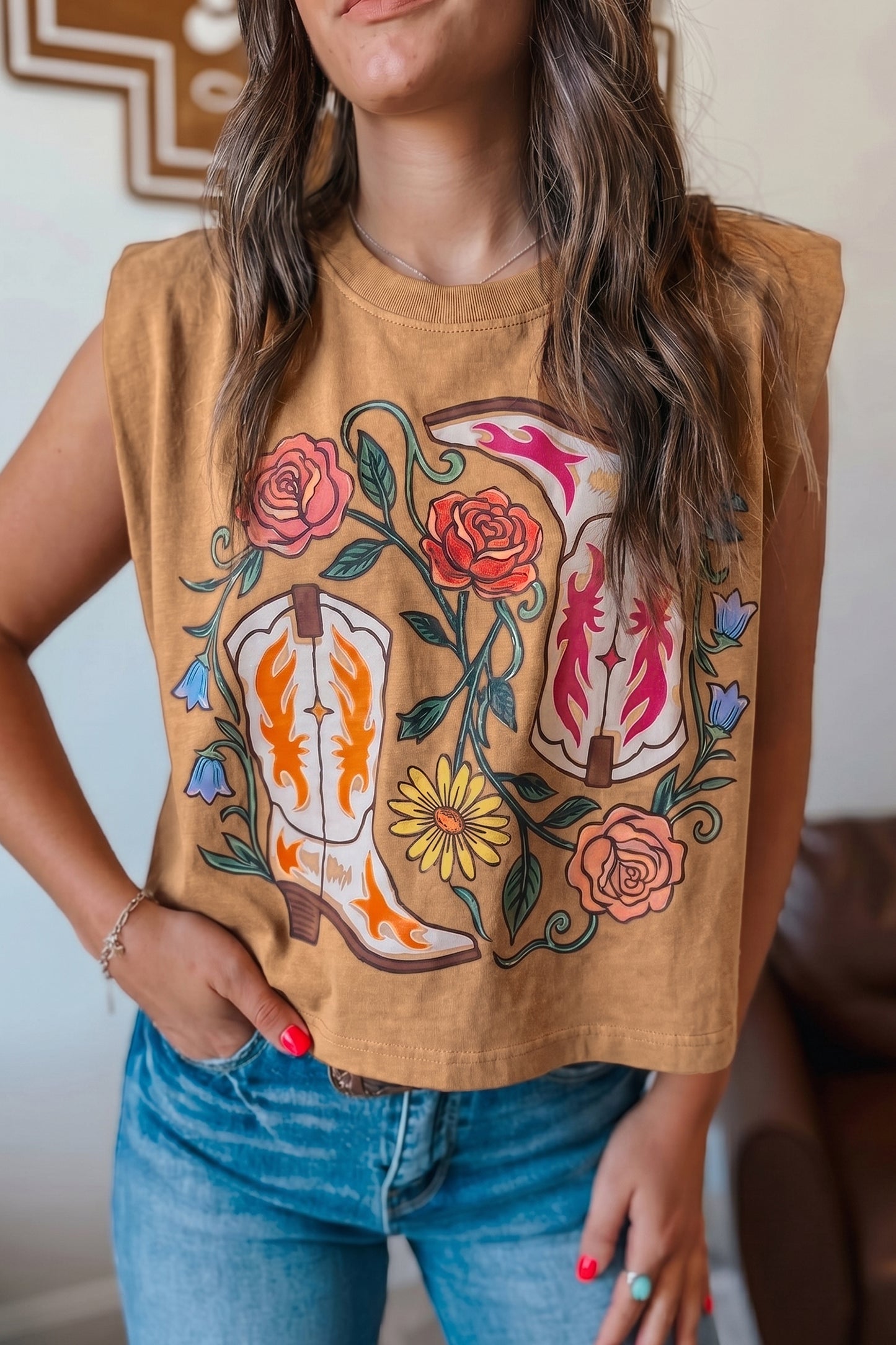 Camel Western Boots Flower Printed Sleeveless Loose Tank Top