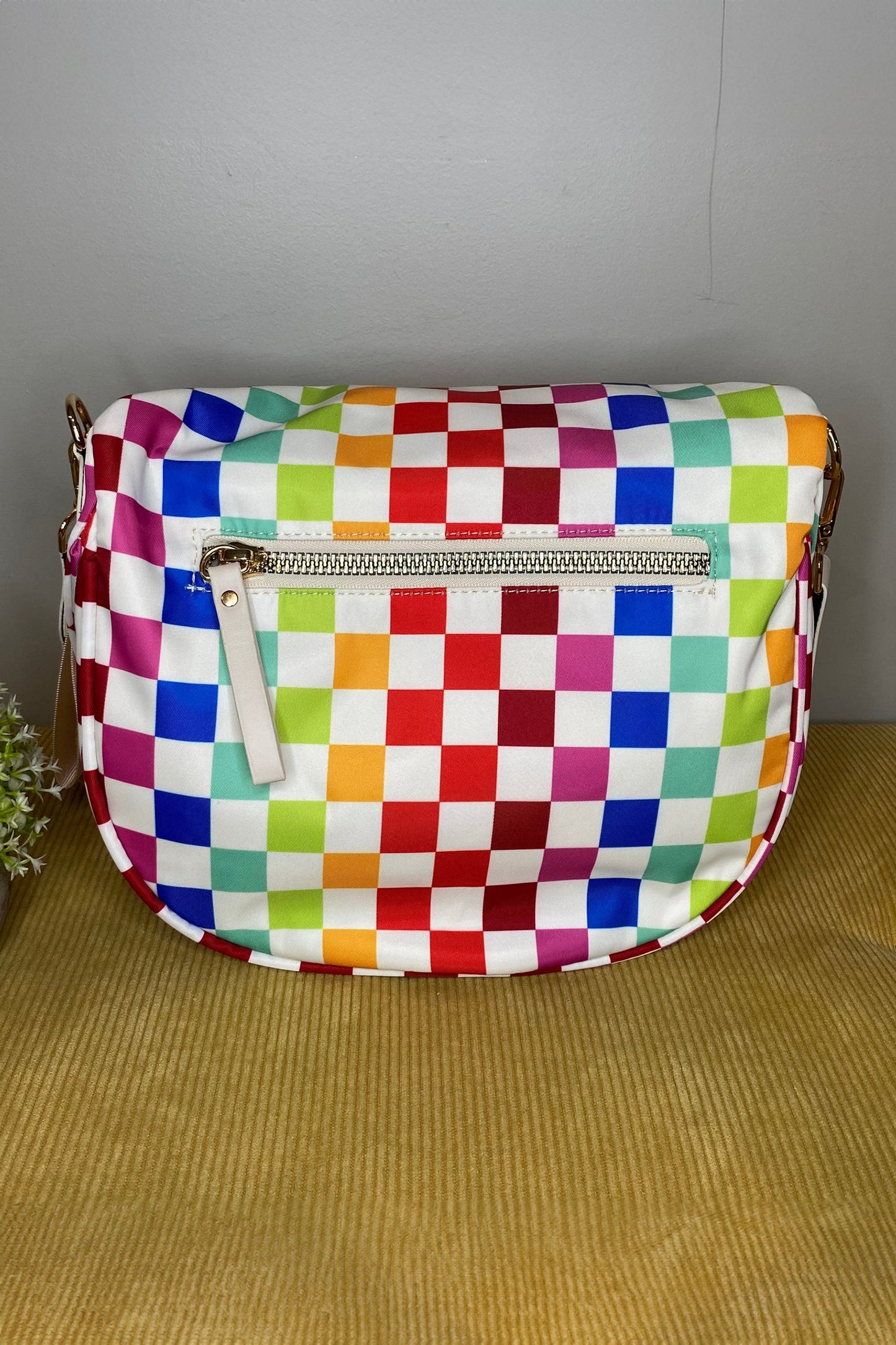White Pretty Checkerboard Canvas Double Zip Crossbody Bag