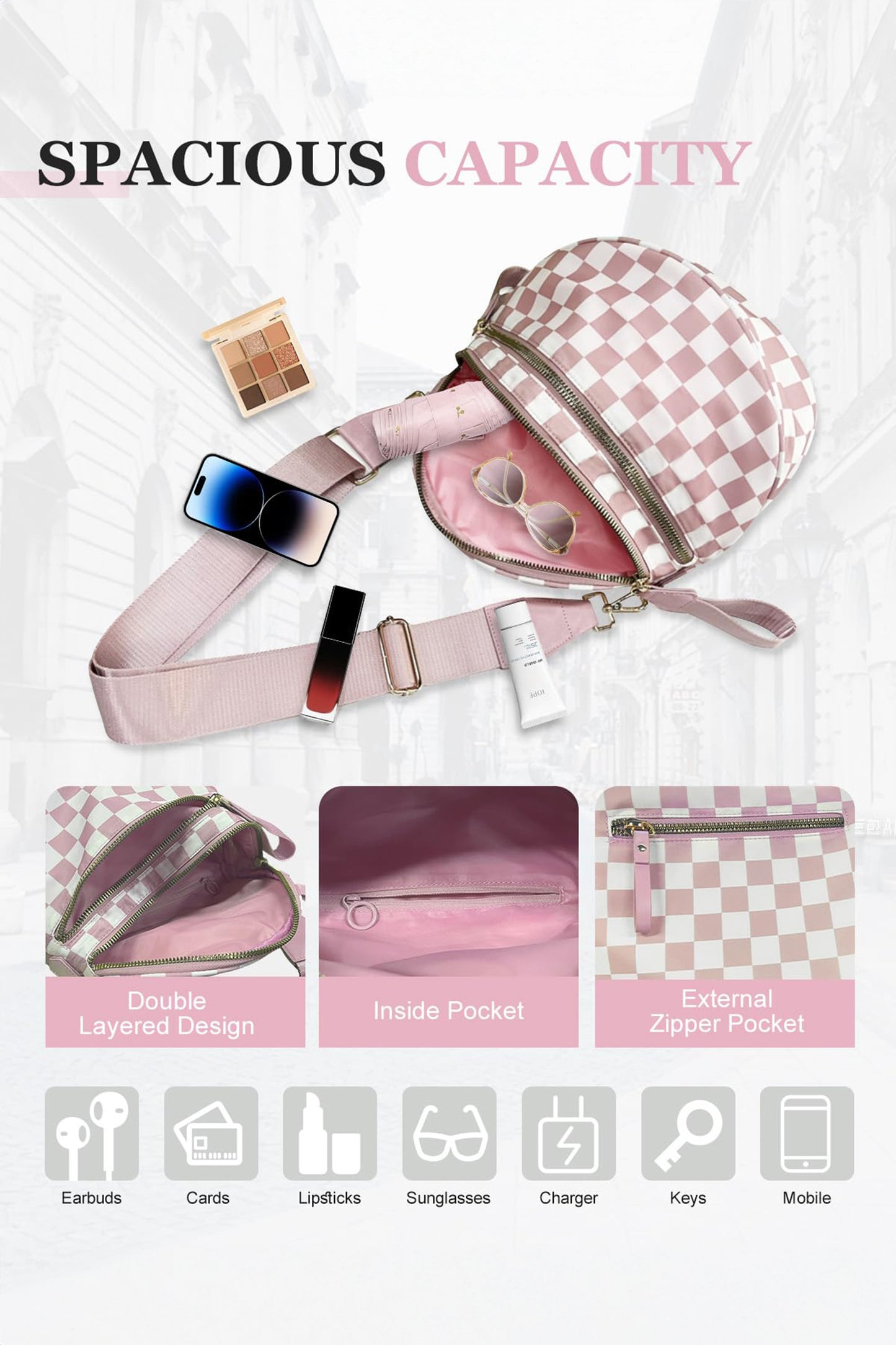 Bright Pink Checkered Print Wide Strap Large Crossbody Bag