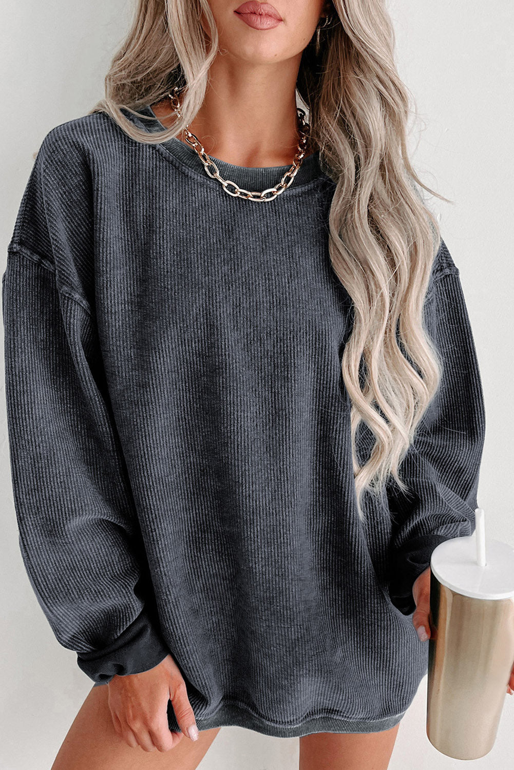 Khaki Solid Ribbed Knit Round Neck Pullover Sweatshirt