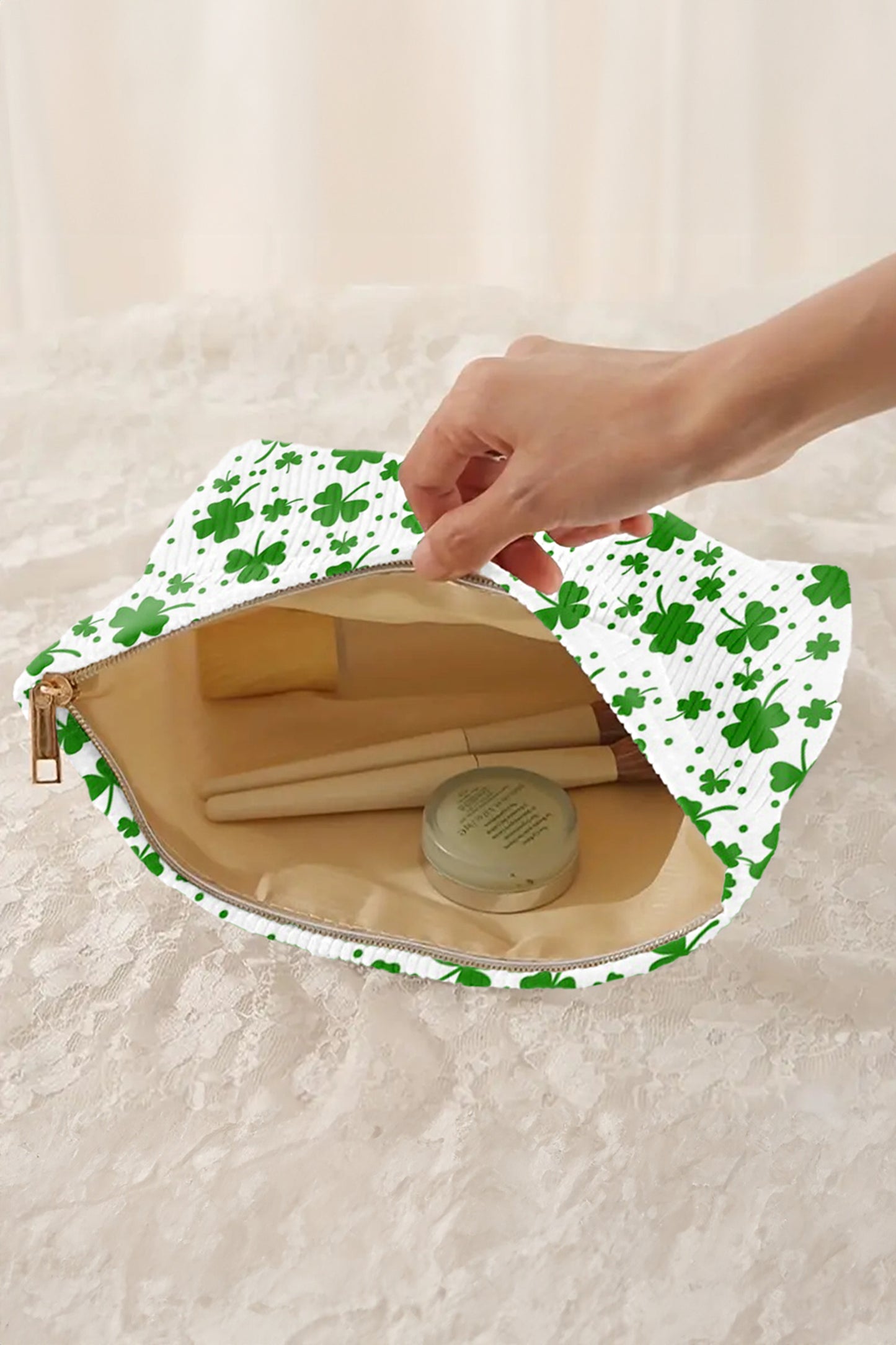 Blackish Green St Patricks Lucky Clover Printed Soft Ribbed Makeup Bag