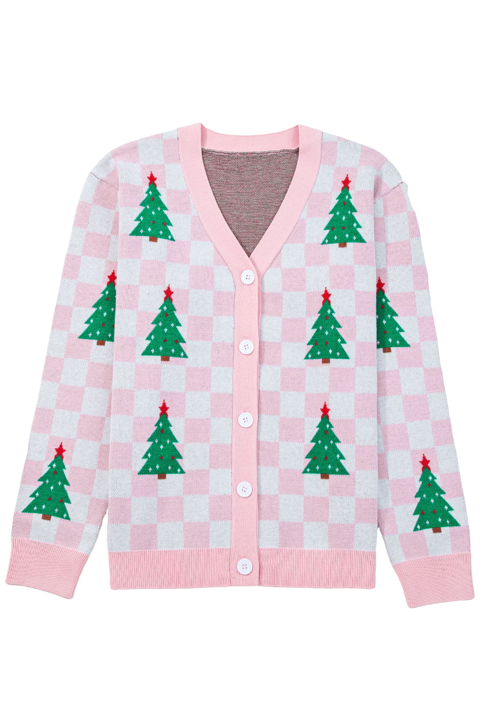 Red Checkered Christmas Tree Pattern Button V Neck Cardigan Sweater