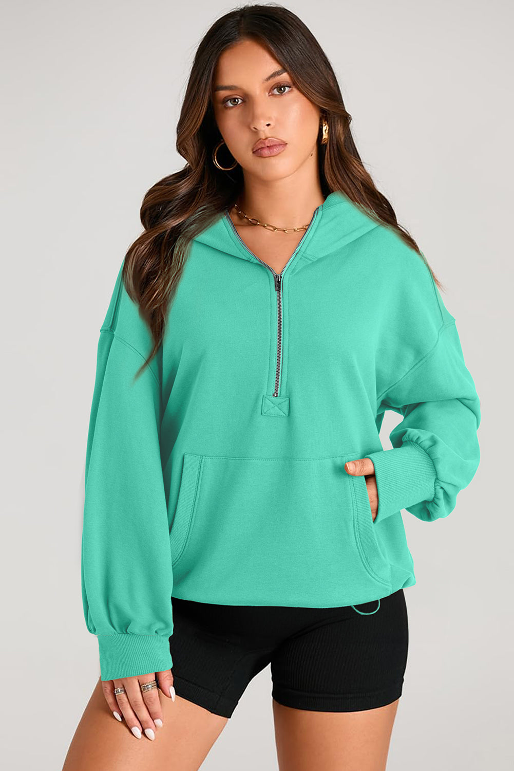 Valerian Solid Kangaroo Pocket Half Zipper Oversized Hoodie