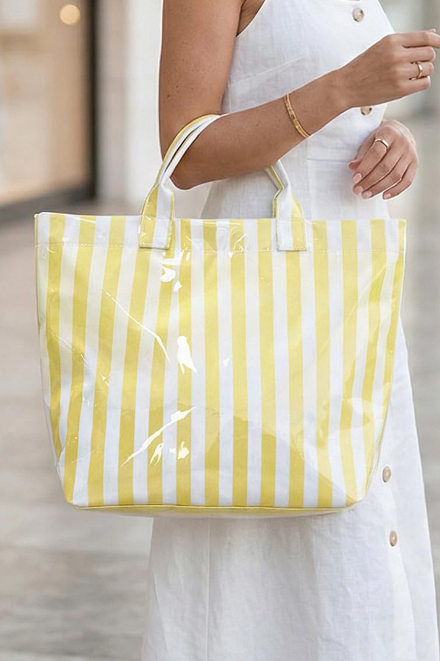 Blackish Green Glossy Striped Vinyl Large Tote Bag (Color Varied)