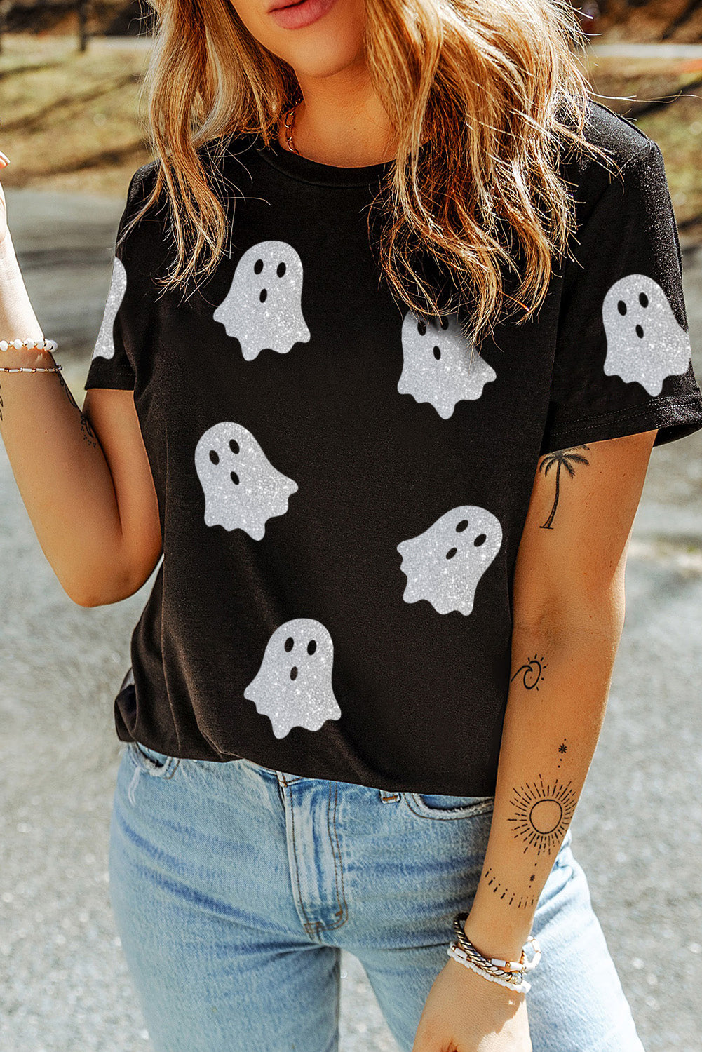 Black Glitter Ghost Pattern Crew Neck Halloween T Shirt