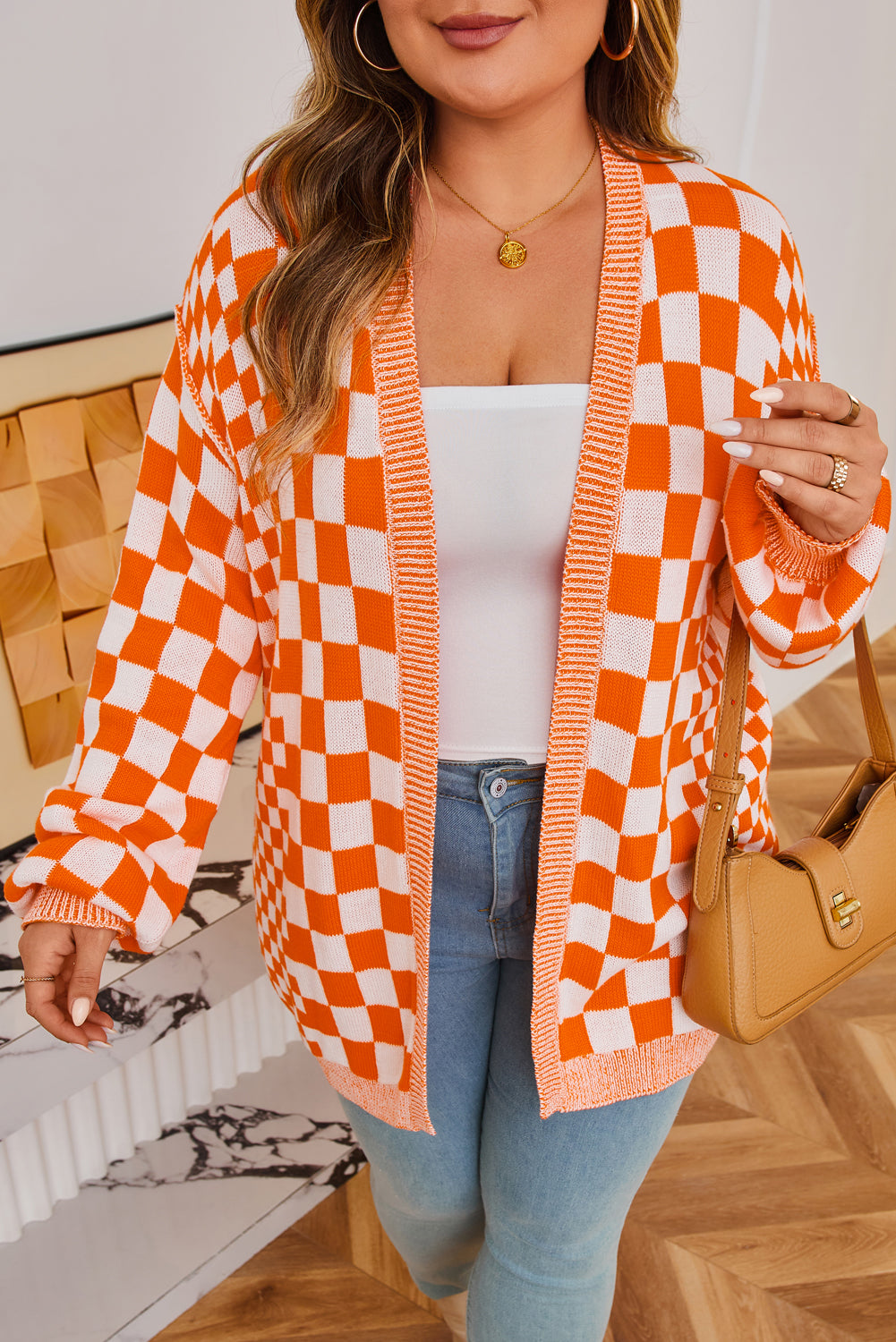 Brown Checkered Bubble Sleeve Drop Shoulder Open Cardigan