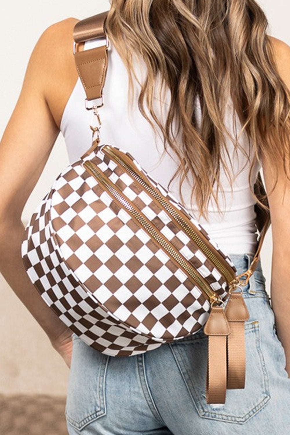 Bright Pink Checkered Print Wide Strap Large Crossbody Bag