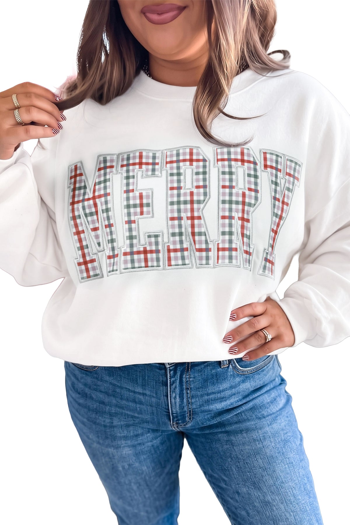 Multicolour MERRY Plaid Letter Print Long Sleeve Plus Size Top