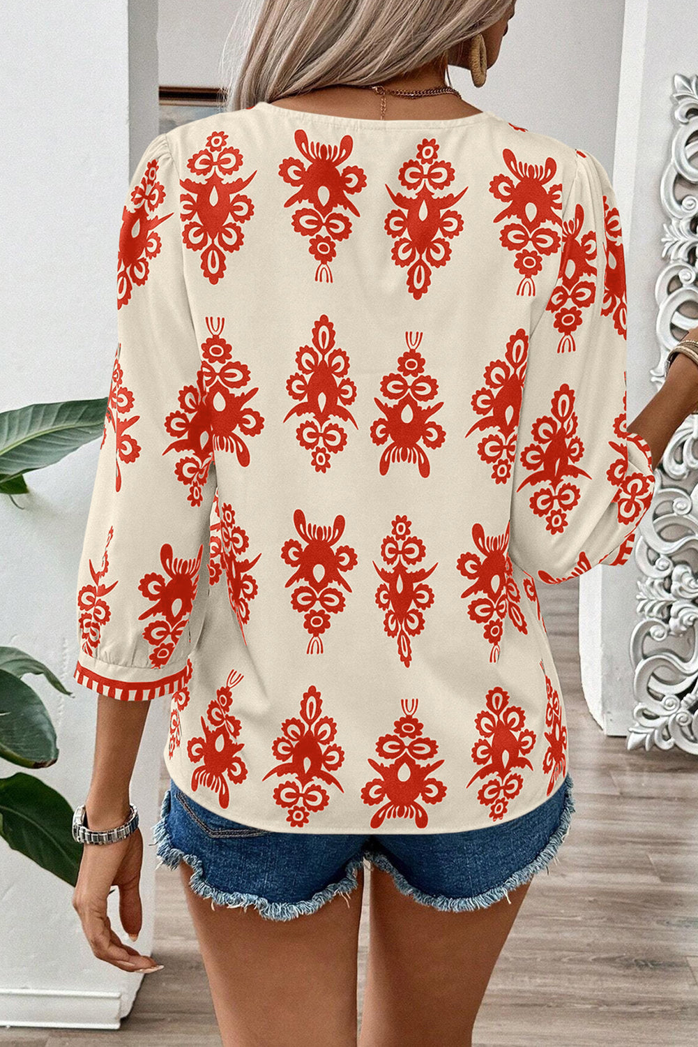 Beige Vintage Geometric Printed 3/4 Sleeve V Neck Blouse