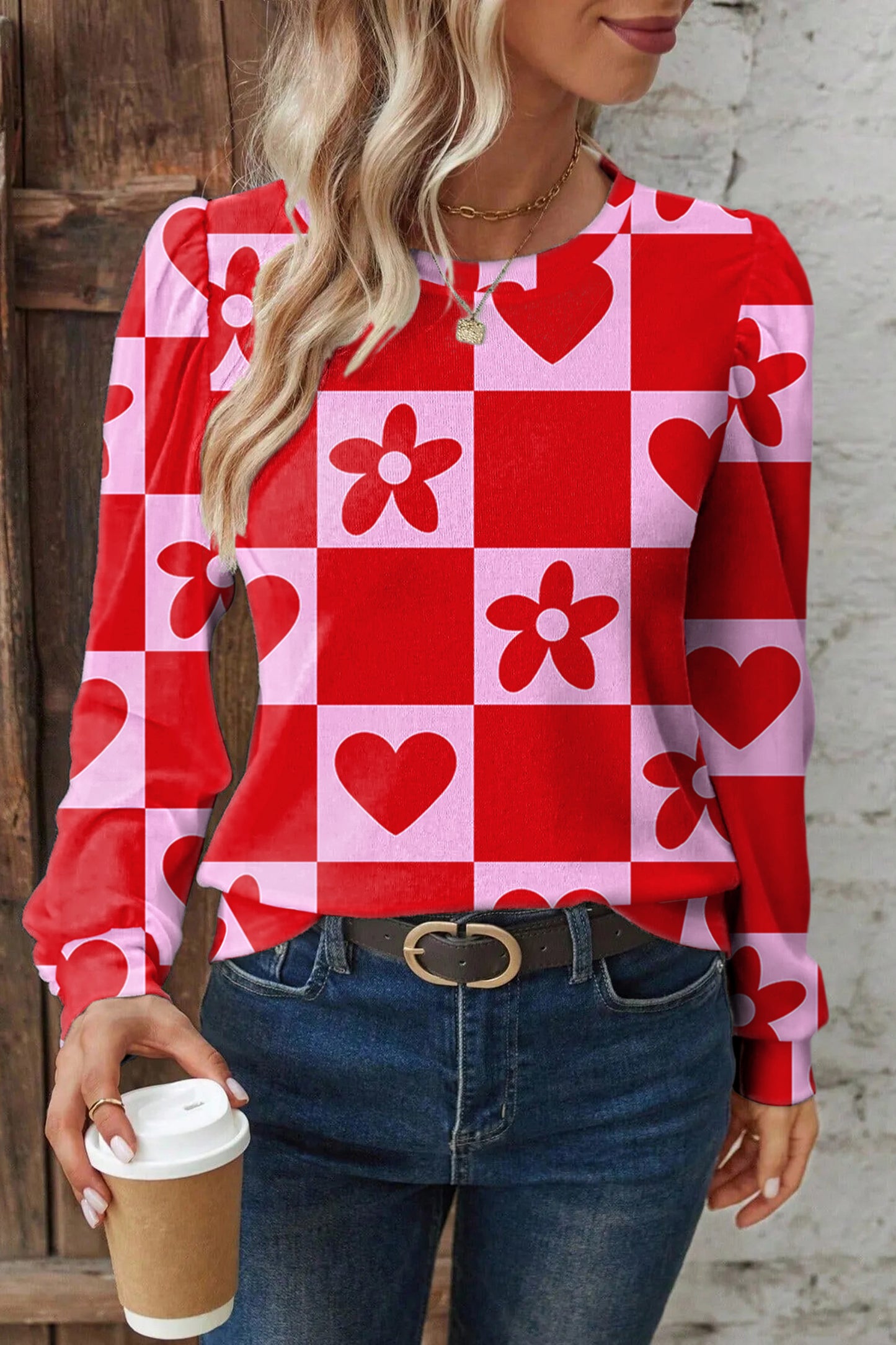 Beige Flower Heart Festive Valentine Blouse