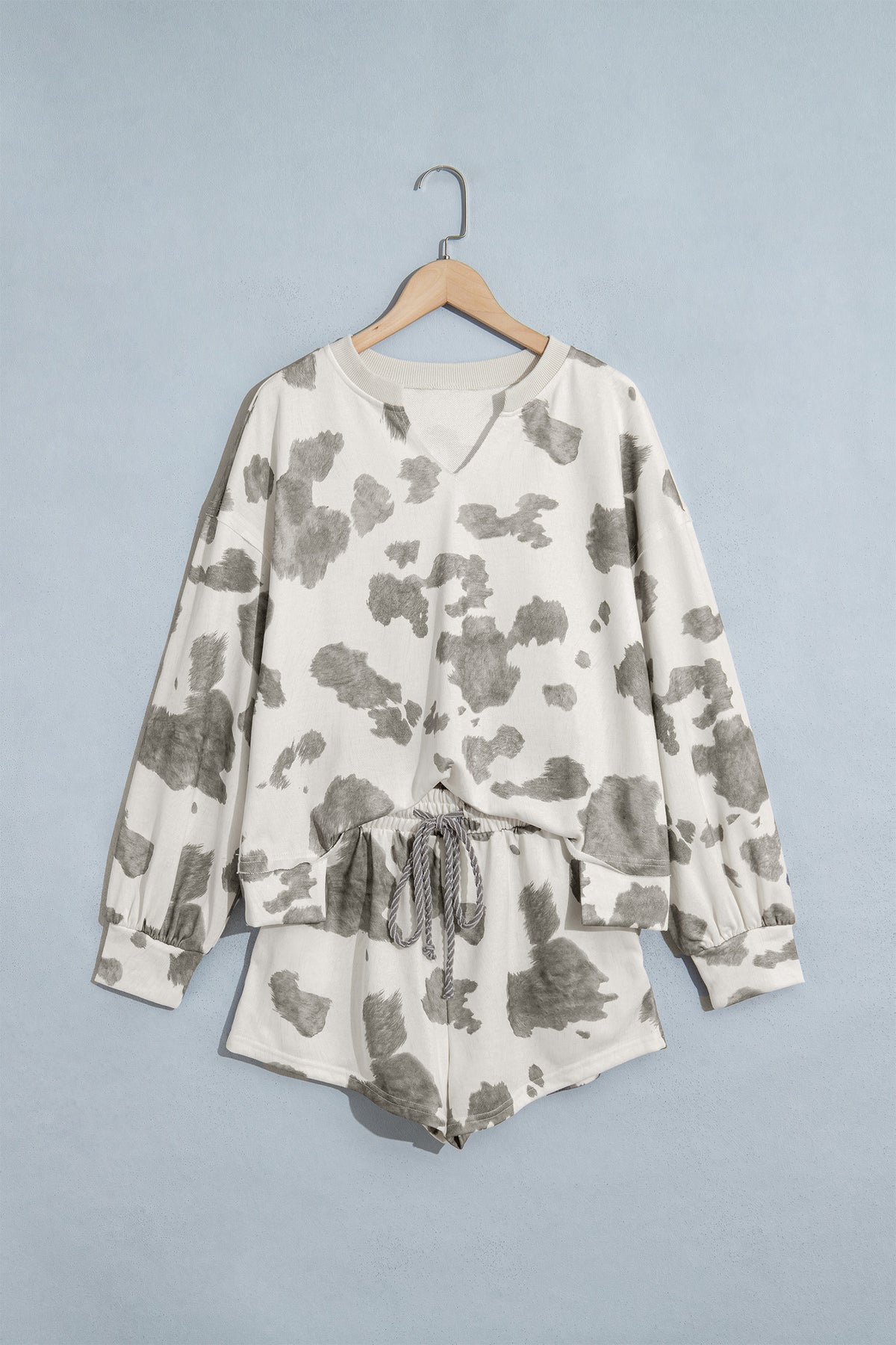 Gray Western Print Raw Hem Long Sleeve Top Drawstring Shorts Set